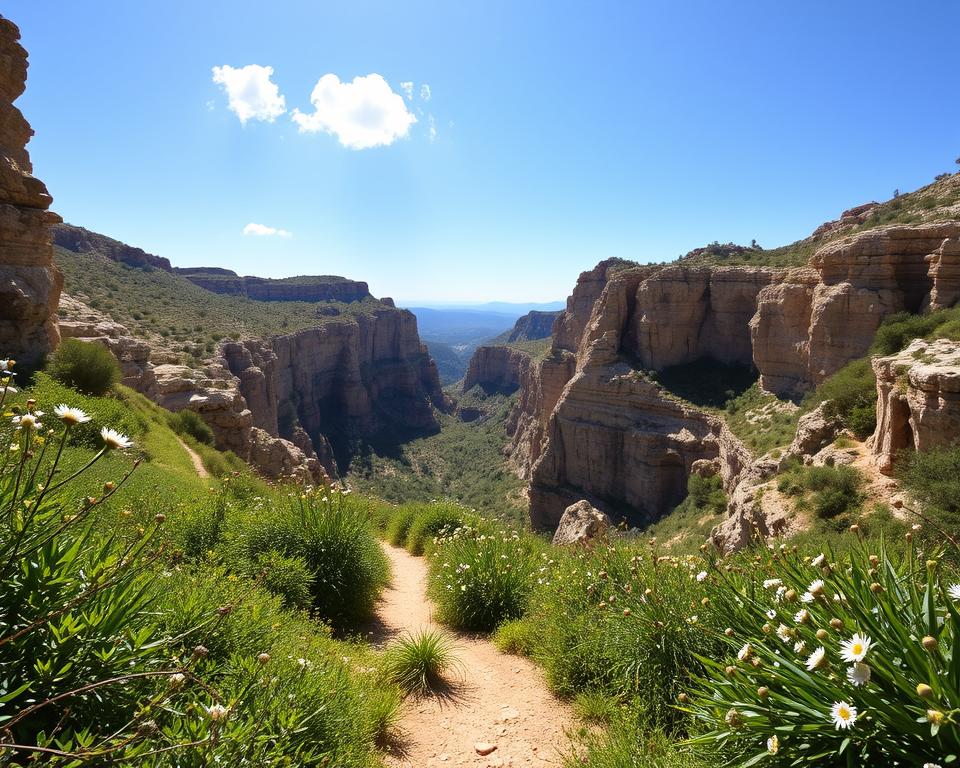 A picturesque scene capturing the essence of the Kourtaliotiko Gorge in Crete during a bright, sunny day. In the foreground, a winding trail leads through lush green vegetation, dotted with charming wildflowers. The middle ground features the rugged cliffs of the gorge, rising dramatically, revealing layered rock formations with hints of earthy tones. Framed by the cliffs, a clear blue sky stretches overhead, with a few fluffy white clouds drifting lazily. In the background, the distant mountains add depth to the landscape, hinting at adventure and exploration. Soft, natural lighting bathes the entire scene, evoking a sense of tranquility and excitement. The camera angle is slightly elevated, providing a sweeping view of the gorge and inviting the viewer into the majestic landscape. The overall mood is serene yet adventurous, perfect for showcasing this beautiful destination.