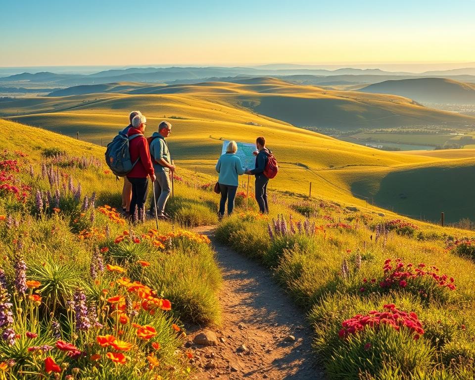 A picturesque scene depicting the starting point of a pilgrimage route. In the foreground, a winding path lined with vibrant wildflowers invites travelers, displaying a mix of rich greens and colorful petals. In the middle ground, a group of four moderately dressed pilgrims, equipped with backpacks and walking sticks, gather at a trail intersection, studying a detailed map of the Camino Portuguese. They wear comfortable, modest clothing suitable for outdoor trekking. In the background, gently rolling hills bathed in golden sunlight lead to a serene horizon, where a clear blue sky meets the landscape. The atmosphere is peaceful and hopeful, embodying the spirit of adventure and discovery. The image is captured in soft, natural lighting using a wide-angle lens to showcase the expansive scenery. A picturesque scene depicting the starting point of a pilgrimage route. In the foreground, a winding path lined with vibrant wildflowers invites travelers, displaying a mix of rich greens and colorful petals. In the middle ground, a group of four moderately dressed pilgrims, equipped with backpacks and walking sticks, gather at a trail intersection, studying a detailed map of the Camino Portuguese. They wear comfortable, modest clothing suitable for outdoor trekking. In the background, gently rolling hills bathed in golden sunlight lead to a serene horizon, where a clear blue sky meets the landscape. The atmosphere is peaceful and hopeful, embodying the spirit of adventure and discovery. The image is captured in soft, natural lighting using a wide-angle lens to showcase the expansive scenery.