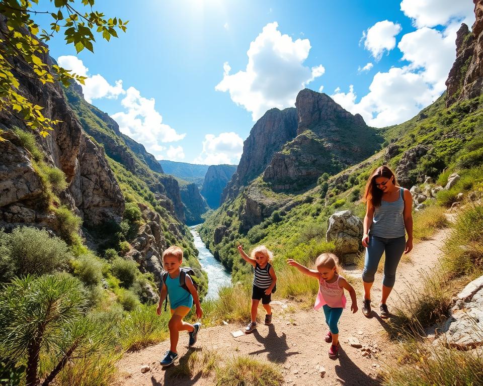 A picturesque scene of Kourtaliotiko Gorge, showcasing a family hiking together along a well-marked trail. In the foreground, children with modest casual clothing are excitedly exploring, pointing at interesting plants and rocks, while parents assist them. The middle ground features the imposing, rocky cliffs of the gorge, lush greenery spilling over the edges, and a glimmering stream winding beneath the trail. In the background, the blue sky is dotted with fluffy white clouds, with sunlight filtering through the leaves, casting soft shadows on the ground. The atmosphere is cheerful and adventurous, emphasizing the joy of family exploration in nature. The angle is slightly elevated, capturing both the hikers and the stunning landscape in a wide shot, creating a sense of depth and adventure.