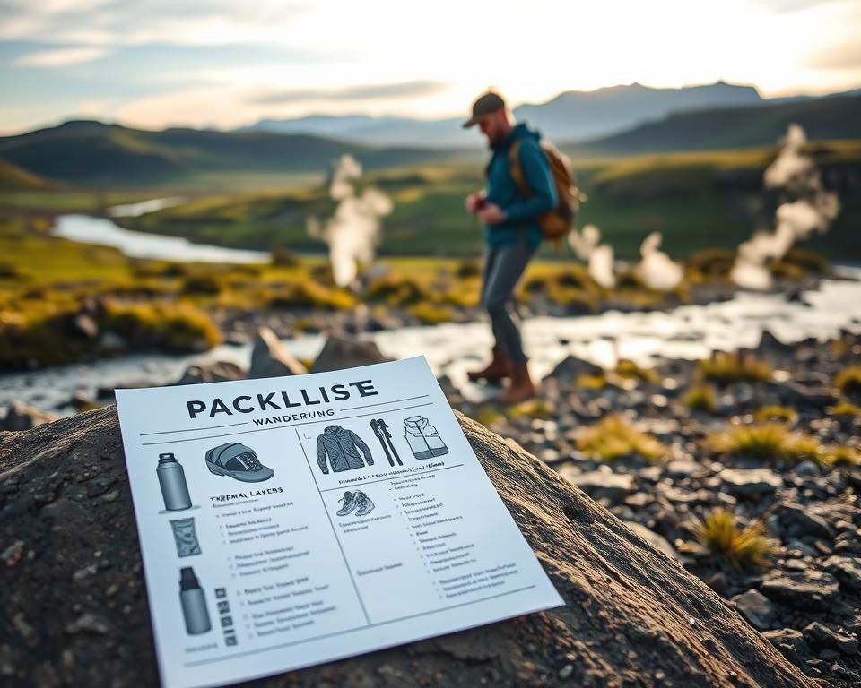 A picturesque scene of a "Packliste Island Wanderung" set in the stunning landscape of Reykjadalur. In the foreground, a neatly laid out packing list displayed on a smooth stone, showcasing essential hiking gear like thermal layers, a water bottle, trekking poles, and a waterproof jacket. In the middle ground, a hiker dressed in modest casual clothing, wearing a light backpack and sturdy hiking boots, studies the list while standing beside a gently flowing thermal river with steam rising softly. In the background, lush green hills and distant rugged mountains bathed in soft morning light create a serene atmosphere. The image should have a warm, inviting glow, enhancing the adventurous spirit of exploring Iceland’s breathtaking nature.