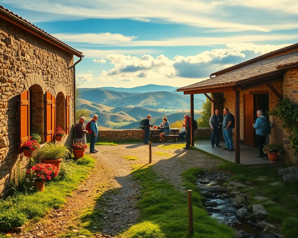 A picturesque scene of a charming albergue along the Camino Portugues. In the foreground, a rustic stone building with wooden shutters and a welcoming entrance flanked by vibrant flower pots. A dirt path leads to the albergue, surrounded by lush greenery and the gentle sound of a nearby stream. In the middle, pilgrims in modest casual clothing, including backpacks and walking sticks, share stories on the patio, sipping coffee and enjoying the serene atmosphere. In the background, rolling hills under a bright blue sky, with soft clouds creating a tranquil backdrop. The lighting is warm and inviting, capturing the golden hour glow, enhancing the feeling of comfort and community. The image conveys a sense of peace, exploration, and connection along the pilgrimage route. A picturesque scene of a charming albergue along the Camino Portugues. In the foreground, a rustic stone building with wooden shutters and a welcoming entrance flanked by vibrant flower pots. A dirt path leads to the albergue, surrounded by lush greenery and the gentle sound of a nearby stream. In the middle, pilgrims in modest casual clothing, including backpacks and walking sticks, share stories on the patio, sipping coffee and enjoying the serene atmosphere. In the background, rolling hills under a bright blue sky, with soft clouds creating a tranquil backdrop. The lighting is warm and inviting, capturing the golden hour glow, enhancing the feeling of comfort and community. The image conveys a sense of peace, exploration, and connection along the pilgrimage route.