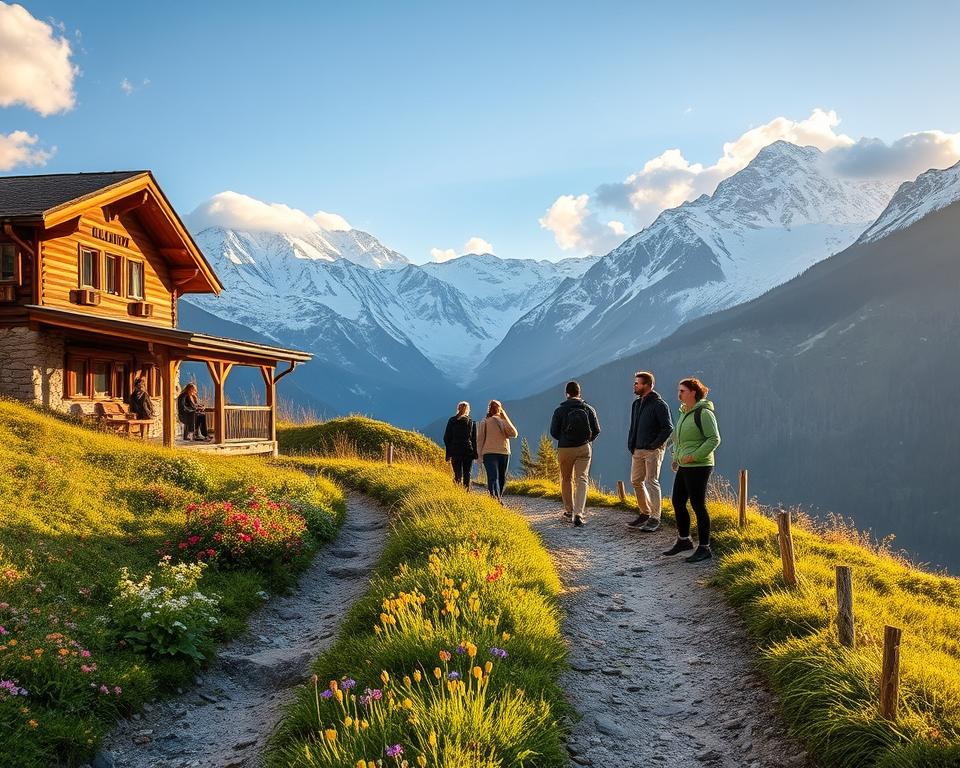 A picturesque scene of the Olpererhütte in Tirol, set against the majestic backdrop of the Zillertal Alpine mountains. In the foreground, a well-marked hiking trail lined with vibrant wildflowers leads towards the rustic hut, which features traditional wooden architecture with a welcoming terrace. The middle ground showcases hikers, dressed in modest casual clothing, enjoying the stunning views and taking photos, embodying the spirit of adventure and tranquility. In the background, towering snow-capped peaks and clear blue skies with soft white clouds create a serene atmosphere. The lighting is warm and golden, reminiscent of early morning sunlight, casting gentle shadows that enhance the natural beauty of the scene. The image conveys a sense of exploration, joy, and connection with nature, perfect for illustrating a memorable hiking experience.