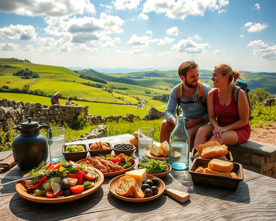 A picturesque scene showcasing a spread of traditional Portuguese cuisine along the Camino Portugués. In the foreground, a rustic wooden table is laden with vibrant local dishes such as bacalhau à brás, a colorful salad, fresh bread, olives, and local cheese, accompanied by a jug of refreshing agua. A pair of hikers, dressed in modest casual clothing, enjoy their meal while seated on a stone bench, laughter and camaraderie evident in their expressions. In the middle ground, the lush green landscape extends, framed by an ancient stone wall. The background features rolling hills under a bright blue sky with soft, fluffy clouds. The scene is illuminated by warm, golden sunlight, adding a welcoming and inviting atmosphere, perfect for appreciating the culinary delights along the pilgrimage. A picturesque scene showcasing a spread of traditional Portuguese cuisine along the Camino Portugués. In the foreground, a rustic wooden table is laden with vibrant local dishes such as bacalhau à brás, a colorful salad, fresh bread, olives, and local cheese, accompanied by a jug of refreshing agua. A pair of hikers, dressed in modest casual clothing, enjoy their meal while seated on a stone bench, laughter and camaraderie evident in their expressions. In the middle ground, the lush green landscape extends, framed by an ancient stone wall. The background features rolling hills under a bright blue sky with soft, fluffy clouds. The scene is illuminated by warm, golden sunlight, adding a welcoming and inviting atmosphere, perfect for appreciating the culinary delights along the pilgrimage.