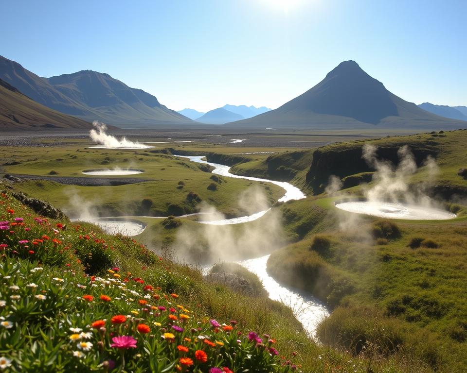 A picturesque view of Hveragerði, Iceland, showcasing its stunning natural attractions. In the foreground, a lush green landscape dotted with colorful wildflowers intertwines with gently flowing steam rising from thermal springs. In the middle ground, a serene Reykjadalur Hot Spring Thermal River winds through the valley, inviting visitors to immerse themselves in its warm waters. The background features dramatic volcanic mountains under a clear blue sky, with soft sunlight casting a warm glow over the scene. The atmosphere is tranquil and inviting, embodying the essence of Iceland’s natural beauty. Use a wide-angle lens to capture the expansive scenery, emphasizing the harmony between the geothermal activity and the surrounding nature.