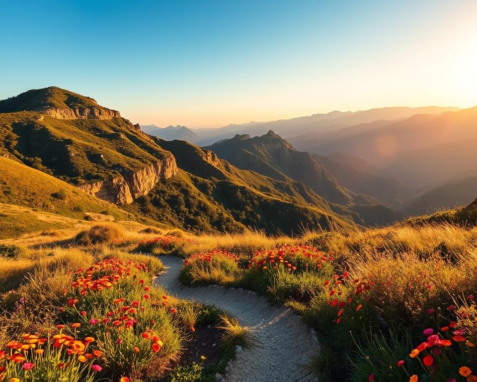 A picturesque view of Sicily's most beautiful hiking regions, showcasing rolling hills and rugged mountain landscapes. In the foreground, a winding footpath meanders through vibrant wildflowers, inviting exploration. The middle ground features majestic cliffs adorned with lush greenery, while distant mountains rise against a clear blue sky. Captured during the golden hour, warm, soft lighting bathes the scene, creating a tranquil and inviting atmosphere. The angle is slightly elevated, offering a panoramic view that emphasizes the vastness of the Sicilian terrain. The image evokes a sense of adventure and serenity, perfect for nature enthusiasts seeking the best hiking experiences in Sicily. No people are present, maintaining focus on the stunning landscape. A picturesque view of Sicily's most beautiful hiking regions, showcasing rolling hills and rugged mountain landscapes. In the foreground, a winding footpath meanders through vibrant wildflowers, inviting exploration. The middle ground features majestic cliffs adorned with lush greenery, while distant mountains rise against a clear blue sky. Captured during the golden hour, warm, soft lighting bathes the scene, creating a tranquil and inviting atmosphere. The angle is slightly elevated, offering a panoramic view that emphasizes the vastness of the Sicilian terrain. The image evokes a sense of adventure and serenity, perfect for nature enthusiasts seeking the best hiking experiences in Sicily. No people are present, maintaining focus on the stunning landscape.