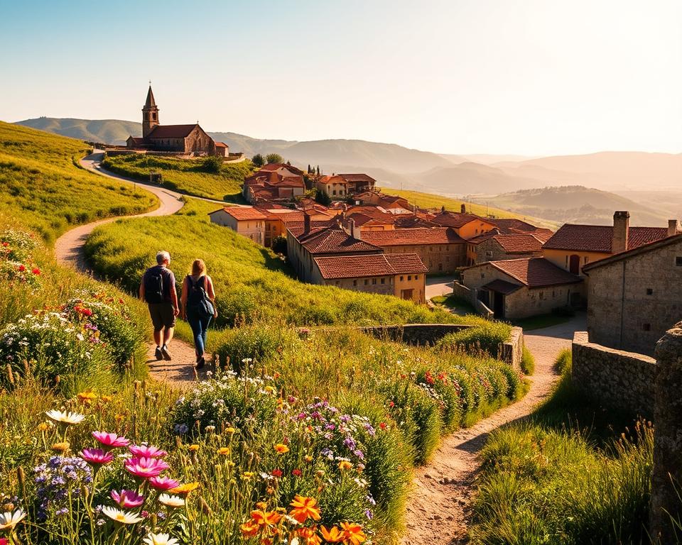 A picturesque view of the Camino Portugues, featuring a scenic pathway winding through lush green hills. In the foreground, vibrant wildflowers in varied colors bloom along the trail, while a few modestly dressed hikers, in comfortable outdoor clothing, walk peacefully, appreciating the journey. The middle ground captures charming historical villages with traditional Portuguese architecture, showcasing sun-kissed terracotta roofs and rustic stone buildings, inviting exploration. A distant view of an ancient stone church with a steeple adds to the cultural richness of the scene. The background is filled with soft, rolling hills under a bright blue sky, radiating warmth and tranquility. The lighting is warm and golden, suggestive of late afternoon sunlight, creating a serene and inspirational atmosphere perfect for pilgrimage reflection. A picturesque view of the Camino Portugues, featuring a scenic pathway winding through lush green hills. In the foreground, vibrant wildflowers in varied colors bloom along the trail, while a few modestly dressed hikers, in comfortable outdoor clothing, walk peacefully, appreciating the journey. The middle ground captures charming historical villages with traditional Portuguese architecture, showcasing sun-kissed terracotta roofs and rustic stone buildings, inviting exploration. A distant view of an ancient stone church with a steeple adds to the cultural richness of the scene. The background is filled with soft, rolling hills under a bright blue sky, radiating warmth and tranquility. The lighting is warm and golden, suggestive of late afternoon sunlight, creating a serene and inspirational atmosphere perfect for pilgrimage reflection.