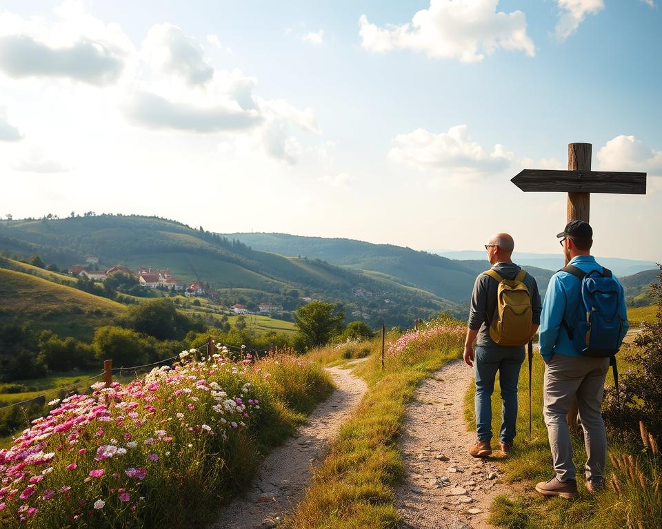 A picturesque view of the Camino Portugues, showcasing a vibrant landscape in early morning light. In the foreground, a well-trodden path lined with blooming wildflowers, leading into the distance. A couple of modestly dressed pilgrims, wearing comfortable hiking gear, pause to admire a rustic wooden signpost indicating the direction of the Camino. In the middle ground, gently rolling hills covered in lush greenery, with quaint villages peeking through the trees. The background features a soft blue sky dotted with fluffy white clouds, casting a warm glow over the scene. The mood is serene and contemplative, evoking a sense of adventure and spiritual journey. The image should capture the essence of budgeting for the pilgrimage experience, emphasizing the natural beauty and personal connection to the Camino. A picturesque view of the Camino Portugues, showcasing a vibrant landscape in early morning light. In the foreground, a well-trodden path lined with blooming wildflowers, leading into the distance. A couple of modestly dressed pilgrims, wearing comfortable hiking gear, pause to admire a rustic wooden signpost indicating the direction of the Camino. In the middle ground, gently rolling hills covered in lush greenery, with quaint villages peeking through the trees. The background features a soft blue sky dotted with fluffy white clouds, casting a warm glow over the scene. The mood is serene and contemplative, evoking a sense of adventure and spiritual journey. The image should capture the essence of budgeting for the pilgrimage experience, emphasizing the natural beauty and personal connection to the Camino.