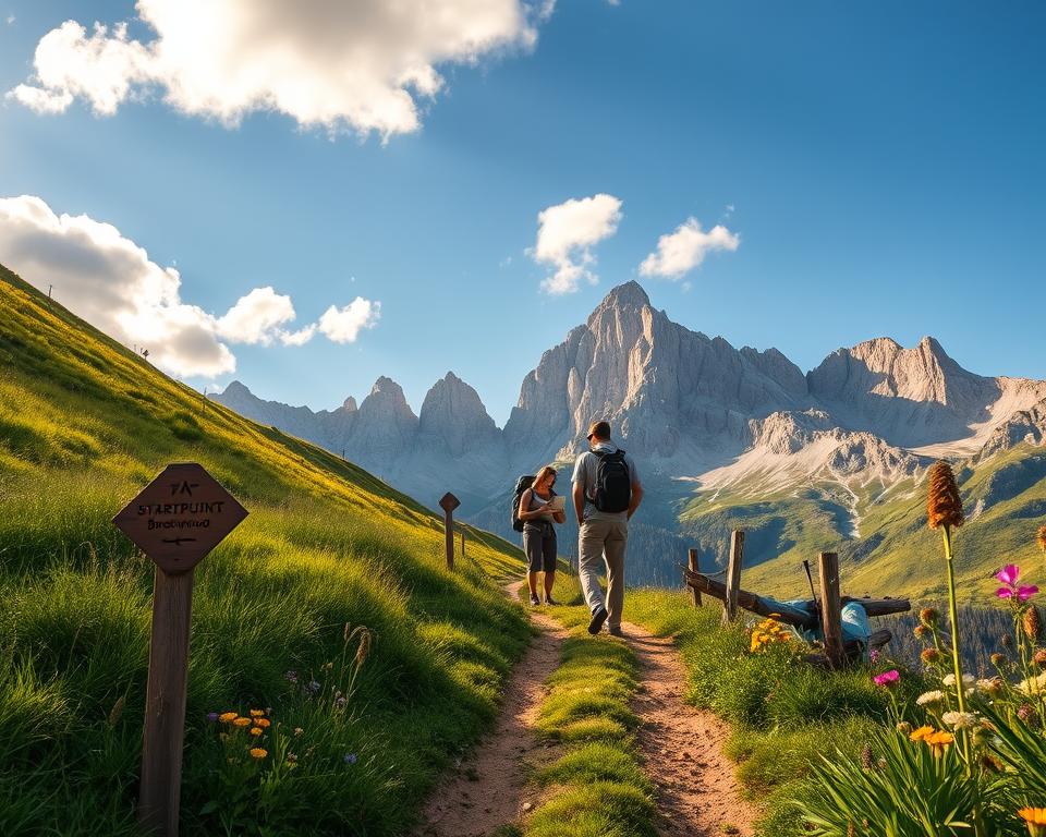 A picturesque view of the Startpunkt Benediktenwand, capturing the essence of adventure in the foreground with a well-marked trail leading up a lush, green pathway. In the middle ground, a couple of hikers dressed in modest, casual attire can be seen, consulting a trail map, embodying the spirit of exploration. The background features the imposing Benediktenwand mountain range, its rocky peaks bathed in the warm golden light of a late afternoon sun. Fluffy clouds drift lazily across a bright blue sky, enhancing the serene atmosphere. The scene is framed with vibrant wildflowers along the trail, inviting viewers into the breathtaking landscape. The composition is dynamic, showcasing a welcoming yet adventurous mood, perfect for inspiring outdoor exploration.
