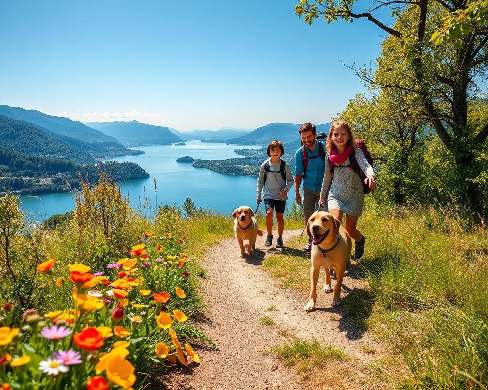 A scenic hiking trail by Lake Como, featuring a family with young children and a friendly dog enjoying their adventure together. In the foreground, a path bordered by vibrant wildflowers leads into the idyllic scene. The middle ground reveals the joyful family, dressed in comfortable outdoor attire, smiling as they interact with nature. The background showcases the serene waters of Lake Como, surrounded by lush green hills and distant mountains under a clear blue sky. Soft, warm sunlight filters through the trees, creating a welcoming and cheerful atmosphere. The composition captures a sense of exploration and togetherness, highlighting the beauty of family-friendly outings in nature. This image has no text, logos, or watermarks. A scenic hiking trail by Lake Como, featuring a family with young children and a friendly dog enjoying their adventure together. In the foreground, a path bordered by vibrant wildflowers leads into the idyllic scene. The middle ground reveals the joyful family, dressed in comfortable outdoor attire, smiling as they interact with nature. The background showcases the serene waters of Lake Como, surrounded by lush green hills and distant mountains under a clear blue sky. Soft, warm sunlight filters through the trees, creating a welcoming and cheerful atmosphere. The composition captures a sense of exploration and togetherness, highlighting the beauty of family-friendly outings in nature. This image has no text, logos, or watermarks.