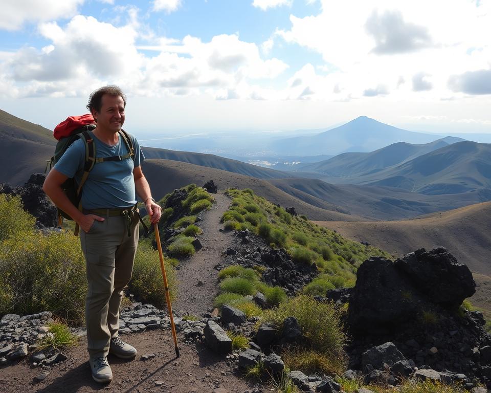 A scenic view capturing the essence of hiking safety in Sicily. In the foreground, a hiker wearing modest clothing stands confidently, equipped with hiking gear, including a backpack and a walking stick. The middle ground showcases a winding trail flanked by lush greenery and rugged volcanic rocks, typical of Sicilian landscapes. Behind the trail, rolling hills fade into the distance, with a distant view of Mount Etna, hinting at its volcanic presence. Overhead, the sky shows dynamic weather conditions, with bright sunlight breaking through scattered clouds, suggesting both warmth and possible wind or rain. Use soft, natural lighting to evoke a sense of adventure and caution, highlighting the balance between nature's beauty and the need for safety in the great outdoors. A scenic view capturing the essence of hiking safety in Sicily. In the foreground, a hiker wearing modest clothing stands confidently, equipped with hiking gear, including a backpack and a walking stick. The middle ground showcases a winding trail flanked by lush greenery and rugged volcanic rocks, typical of Sicilian landscapes. Behind the trail, rolling hills fade into the distance, with a distant view of Mount Etna, hinting at its volcanic presence. Overhead, the sky shows dynamic weather conditions, with bright sunlight breaking through scattered clouds, suggesting both warmth and possible wind or rain. Use soft, natural lighting to evoke a sense of adventure and caution, highlighting the balance between nature's beauty and the need for safety in the great outdoors.