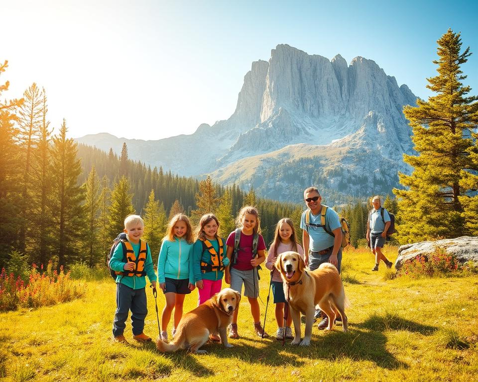 A scenic view of Benediktenwand in the background, with a group of cheerful children and adults enjoying a hiking excursion in the foreground. The children, dressed in colorful, modest outdoor clothing, happily interact with their dog, a playful golden retriever, while taking a break on a grassy patch. The middle ground captures the lush pine forests and blooming wildflowers typical of the area, leading up to the majestic rocky peaks of Benediktenwand. The image is bathed in warm, golden sunlight, creating a bright and inviting atmosphere. Use a wide-angle lens perspective to emphasize the expansive beauty of the landscape, with soft shadows that enhance the depth and vibrancy of the scene. A sense of joy, family connection, and adventure permeates the image.