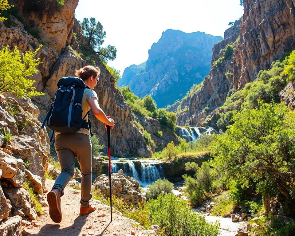 A scenic view of Kourtaliotiko Gorge in Crete, showcasing a safe hiking experience. In the foreground, a hiker in modest casual clothing, equipped with a backpack and trekking poles, moves steadily along a rugged trail bordered by rocky cliffs. The middle ground features vibrant greenery and cascading waterfalls, symbolizing the natural beauty of the gorge. In the background, the majestic cliffs rise steeply under a clear blue sky, with sunlight filtering through the trees, creating dappled shadows on the ground. The atmosphere is adventurous yet serene, emphasizing the importance of safety while exploring nature. Use soft, natural lighting for a warm, inviting feel, captured from a slightly elevated angle to highlight the depth and the surroundings.
