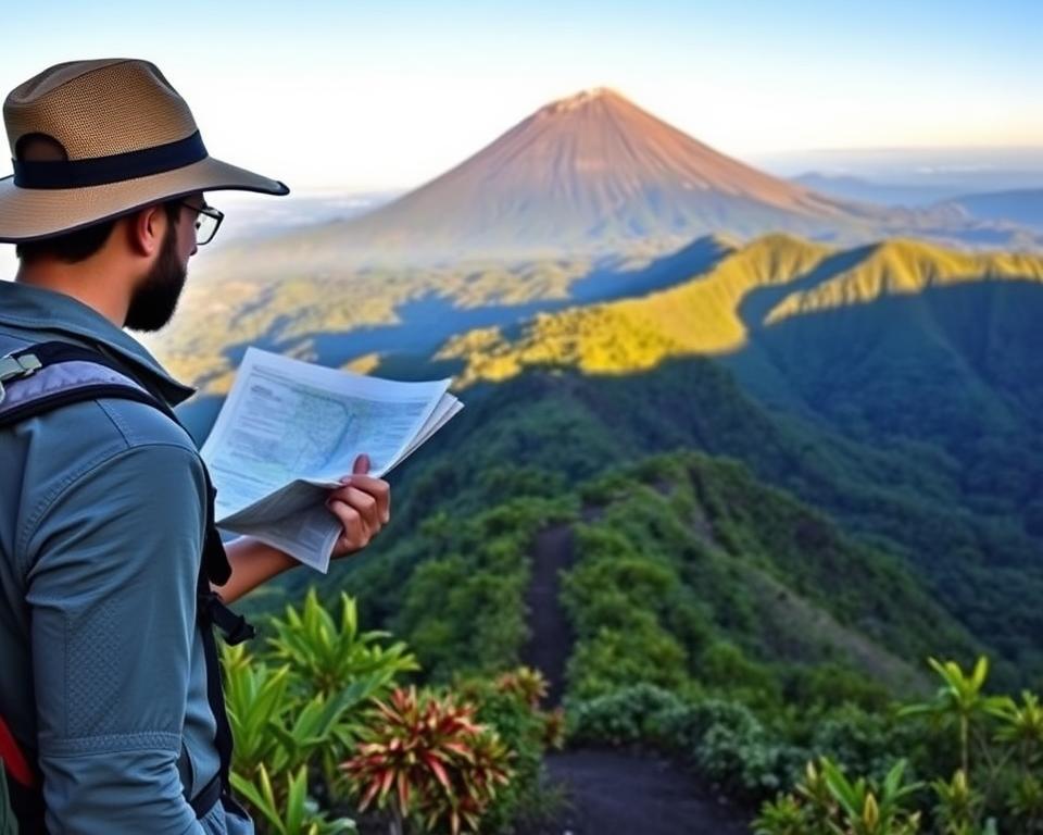 A scenic view of Mount Agung in Bali, showcasing its majestic peak rising above lush green forests and rolling hills. In the foreground, a professional hiker dressed in modest outdoor gear examines a map, symbolizing the importance of permits and legal requirements for trekking. The middle ground features a winding trail leading up the mountain flanked by vibrant flora, leading the viewer’s eye upwards. In the background, Mount Agung looms under a clear blue sky, its slopes gently illuminated by the soft golden light of early morning, casting long shadows. This image conveys a sense of adventure and preparation, inviting viewers to explore the legal aspects of hiking this iconic peak while experiencing the thrill of nature.
