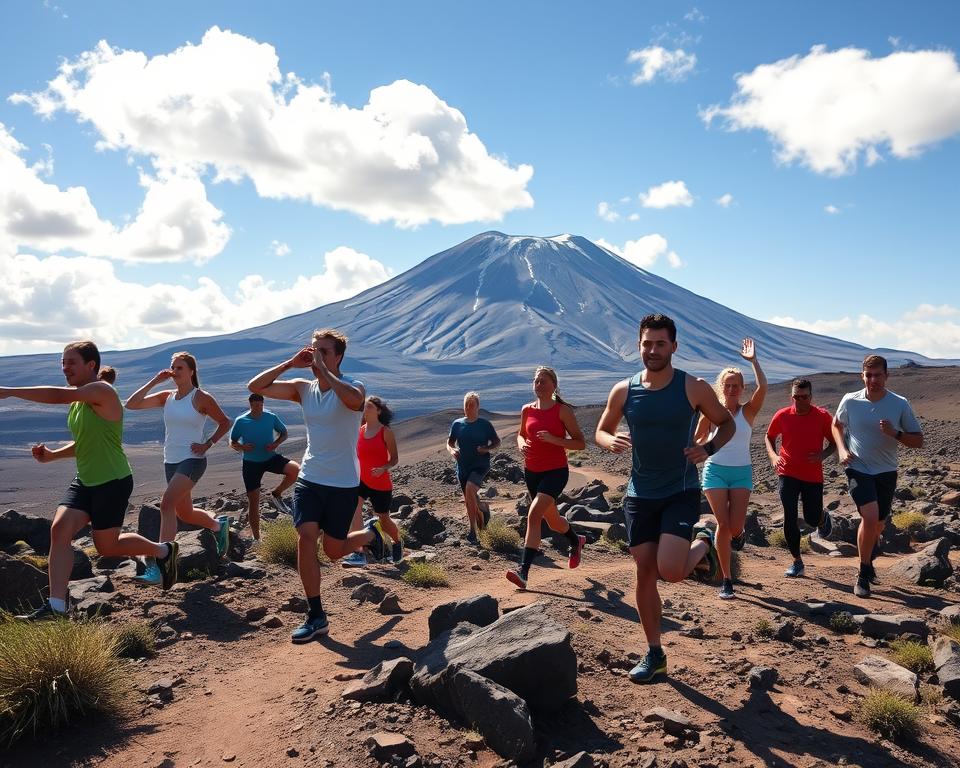 A scenic view of Mount Teide, Tenerife, in the background under a bright blue sky with fluffy white clouds. In the foreground, a group of diverse individuals, dressed in athletic wear—shorts and moisture-wicking shirts—are engaged in various fitness activities like stretching and jogging. The middle ground features rugged volcanic terrain and trails typical of the Teide hiking routes, with boulders and sparse vegetation enhancing the landscape. The lighting is warm and inviting, reflecting a late afternoon sun casting soft shadows. The atmosphere is energetic and motivating, conveying a sense of preparation and determination for the hike. The image composition is dynamic, focusing on the interplay between the fitness activities and the majestic mountain backdrop.