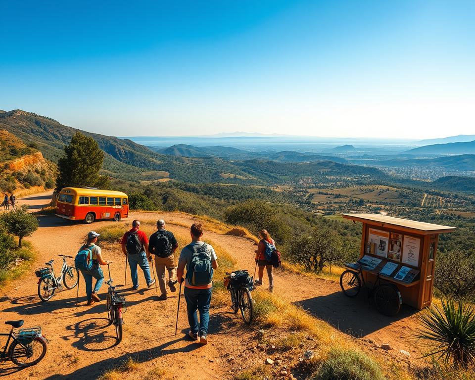 A scenic view of Sicily showcasing diverse mobility options for hikers. In the foreground, a winding trail with hikers wearing comfortable outdoor clothing, equipped with backpacks and trekking poles. The middle ground features various modes of transport such as a vintage bus and rental bikes parked next to a small, information-rich travel kiosk. The background reveals the stunning Sicilian landscape, with rolling hills, olive groves, and distant mountains under a bright blue sky. The lighting is warm and inviting, reminiscent of a late afternoon sun, casting gentle shadows and highlighting the vibrant colors of nature. The overall atmosphere conveys adventure and exploration, inspiring readers to embark on their own hiking journey in Sicily. A scenic view of Sicily showcasing diverse mobility options for hikers. In the foreground, a winding trail with hikers wearing comfortable outdoor clothing, equipped with backpacks and trekking poles. The middle ground features various modes of transport such as a vintage bus and rental bikes parked next to a small, information-rich travel kiosk. The background reveals the stunning Sicilian landscape, with rolling hills, olive groves, and distant mountains under a bright blue sky. The lighting is warm and inviting, reminiscent of a late afternoon sun, casting gentle shadows and highlighting the vibrant colors of nature. The overall atmosphere conveys adventure and exploration, inspiring readers to embark on their own hiking journey in Sicily.