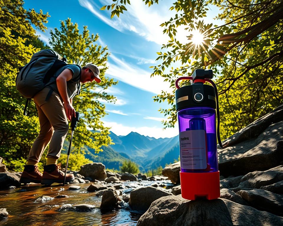 A scenic view of a hiker filling a portable water filter from a clear mountain stream, nestled among lush green trees and rocky terrain. In the foreground, the hiker wears sturdy hiking boots and a practical backpack, looking focused on the task. The middle ground features the vibrant water filter with a clear indication of its usage, while the background showcases majestic mountains under a bright blue sky with wispy white clouds. Golden sunlight filters through the leaves, casting dappled shadows on the ground, creating an inviting atmosphere. The composition is balanced with a slightly elevated camera angle, highlighting both the equipment and the beautiful natural environment surrounding the hiker. A scenic view of a hiker filling a portable water filter from a clear mountain stream, nestled among lush green trees and rocky terrain. In the foreground, the hiker wears sturdy hiking boots and a practical backpack, looking focused on the task. The middle ground features the vibrant water filter with a clear indication of its usage, while the background showcases majestic mountains under a bright blue sky with wispy white clouds. Golden sunlight filters through the leaves, casting dappled shadows on the ground, creating an inviting atmosphere. The composition is balanced with a slightly elevated camera angle, highlighting both the equipment and the beautiful natural environment surrounding the hiker.
