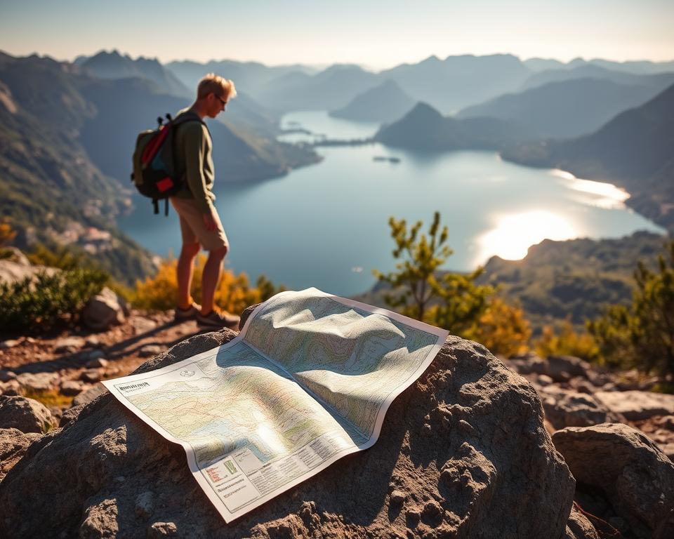 A scenic view of a hiker standing on a rocky trail overlooking the stunning scenery of Lake Como in Italy, surrounded by lush greenery and mountains. The foreground features a detailed, folded offline hiking map spread out on a large rock beside the hiker. In the middle ground, the hiker, dressed in modest outdoor clothing, examines the map, fully immersed in their adventure. The background captures the serene waters of Lake Como reflecting the blue sky, with distant hills and picturesque villages nestled among the valleys. The lighting is warm, suggesting a late afternoon sun, creating soft shadows and enhancing the vibrant colors of nature. The overall mood is peaceful and adventurous, inviting viewers to imagine exploring the trails. A scenic view of a hiker standing on a rocky trail overlooking the stunning scenery of Lake Como in Italy, surrounded by lush greenery and mountains. The foreground features a detailed, folded offline hiking map spread out on a large rock beside the hiker. In the middle ground, the hiker, dressed in modest outdoor clothing, examines the map, fully immersed in their adventure. The background captures the serene waters of Lake Como reflecting the blue sky, with distant hills and picturesque villages nestled among the valleys. The lighting is warm, suggesting a late afternoon sun, creating soft shadows and enhancing the vibrant colors of nature. The overall mood is peaceful and adventurous, inviting viewers to imagine exploring the trails.