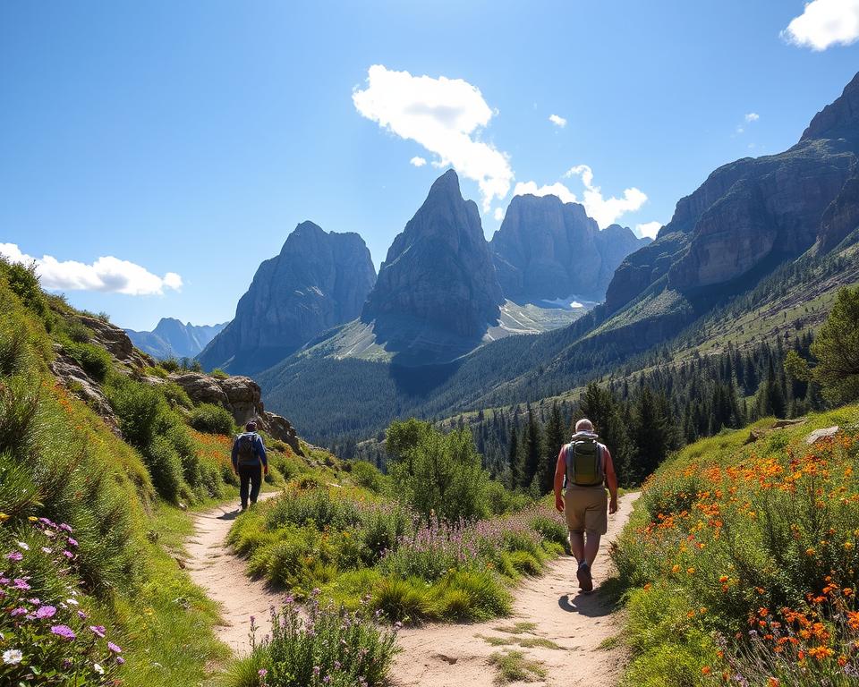 A scenic view of hiking in the Madonie and Nebrodi mountains in Sicily during a bright sunny day. In the foreground, a well-trodden trail winds through lush greenery and vibrant wildflowers, leading into the mountains. Mid-ground features hikers in modest casual clothing, enjoying their adventure, capturing the essence of exploration. The background showcases towering, rugged peaks under a clear blue sky, with soft, fluffy clouds drifting by. Sunlight bathes the landscape, highlighting the rich textures of the rocky terrain and the deep greens of the forests. A sense of tranquility and adventure permeates the atmosphere, inviting viewers to experience the natural beauty of Sicily’s interior. A scenic view of hiking in the Madonie and Nebrodi mountains in Sicily during a bright sunny day. In the foreground, a well-trodden trail winds through lush greenery and vibrant wildflowers, leading into the mountains. Mid-ground features hikers in modest casual clothing, enjoying their adventure, capturing the essence of exploration. The background showcases towering, rugged peaks under a clear blue sky, with soft, fluffy clouds drifting by. Sunlight bathes the landscape, highlighting the rich textures of the rocky terrain and the deep greens of the forests. A sense of tranquility and adventure permeates the atmosphere, inviting viewers to experience the natural beauty of Sicily’s interior.