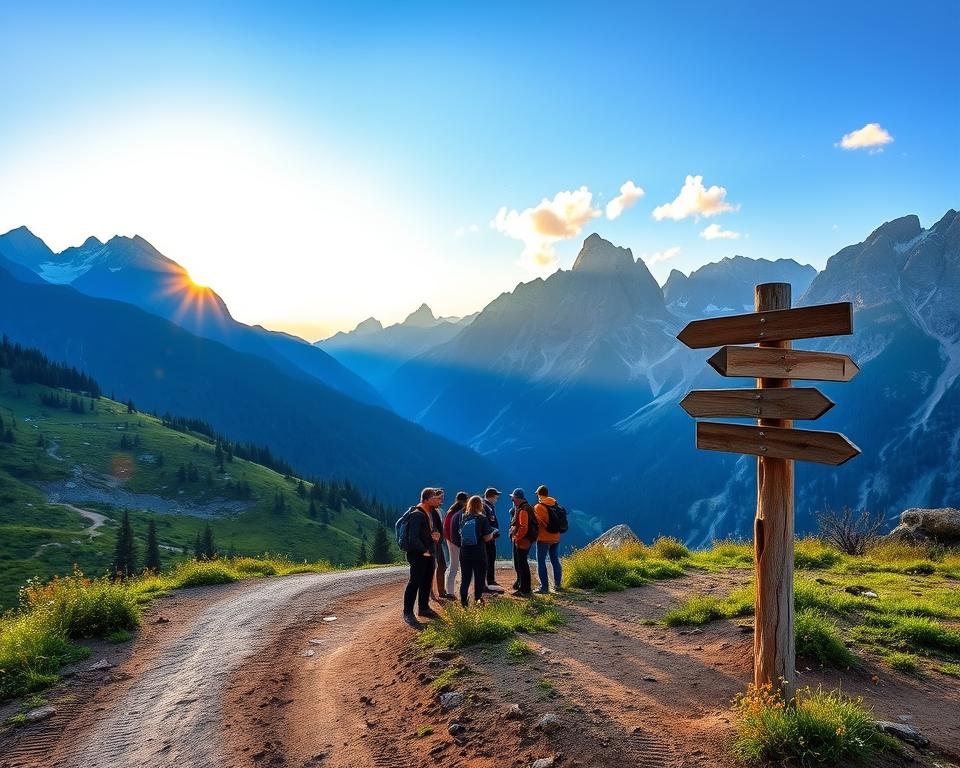 A scenic view of the Albanian Alps during the early morning light, with the sun painting the peaks in a warm golden hue. In the foreground, a winding dirt trail leads towards majestic mountains, scattered with lush greenery and wildflowers, inviting hikers to embark on their journey. In the middle ground, a small group of travelers, dressed in casual outdoor clothing and equipped with backpacks, is gathered around a rustic wooden signpost pointing in various directions, indicating hiking routes to explore the region. The background features towering, rocky mountains capped with snow and a clear blue sky dotted with soft white clouds, conveying a sense of adventure and tranquility. The atmosphere is serene, embodying the spirit of exploration and the allure of nature. The image captures the harmony of landscape and human presence in planning a journey to the Albanian Alps.