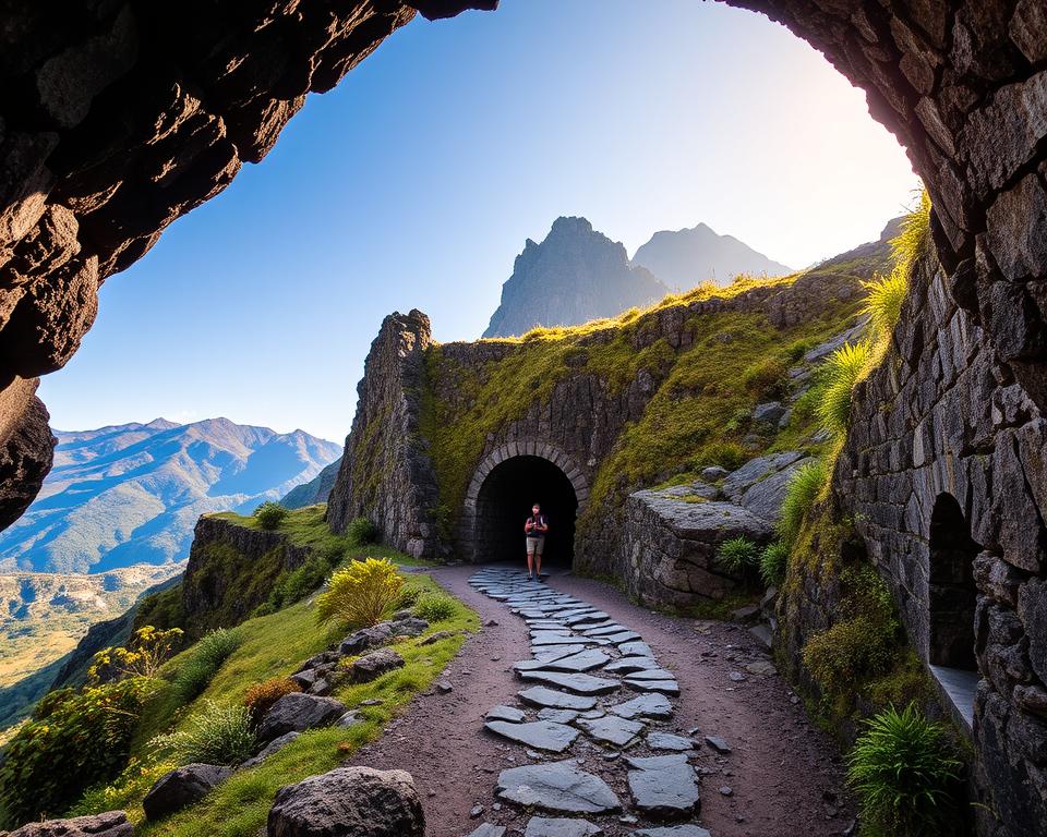 A scenic view of the tunnel on Pico do Arieiro in Madeira, showcasing its rugged stone walls and intricate archways. In the foreground, a winding path leads into the tunnel, surrounded by lush greenery and rocky terrain. The middle ground features the tunnel's entrance, adorned with vibrant moss and ferns, inviting hikers to explore further. In the background, majestic peaks rise against a clear blue sky, with soft, golden sunlight illuminating the landscape, casting gentle shadows. The atmosphere is serene and inviting, capturing the essence of adventure and exploration along the hiking trail. The perspective is from a slightly low angle, emphasizing the grandeur of the tunnel's architecture and its natural surroundings. A scenic view of the tunnel on Pico do Arieiro in Madeira, showcasing its rugged stone walls and intricate archways. In the foreground, a winding path leads into the tunnel, surrounded by lush greenery and rocky terrain. The middle ground features the tunnel's entrance, adorned with vibrant moss and ferns, inviting hikers to explore further. In the background, majestic peaks rise against a clear blue sky, with soft, golden sunlight illuminating the landscape, casting gentle shadows. The atmosphere is serene and inviting, capturing the essence of adventure and exploration along the hiking trail. The perspective is from a slightly low angle, emphasizing the grandeur of the tunnel's architecture and its natural surroundings.