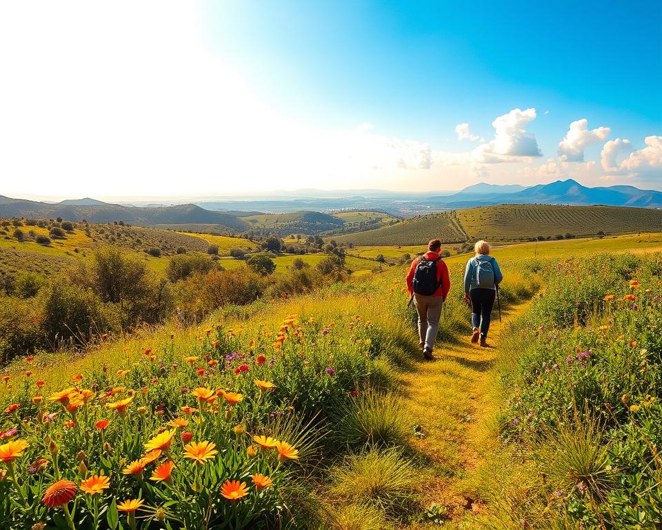 A serene Sicilian landscape depicting sustainable hiking practices, showcasing a lush, green trail bordered by vibrant wildflowers in full bloom. In the foreground, a small group of hikers in modest, casual clothing is actively engaged in exploring the area, observing nature with respect and care. The middle ground features rolling hills dotted with olive trees and distant mountains, symbolizing the region's natural beauty. The background reveals a clear blue sky with soft, fluffy clouds, bathing the scene in warm, golden sunlight. Capture a wide-angle perspective to convey the vastness of the landscape while highlighting the harmony between humans and nature, evoking a sense of tranquility and responsible exploration. A serene Sicilian landscape depicting sustainable hiking practices, showcasing a lush, green trail bordered by vibrant wildflowers in full bloom. In the foreground, a small group of hikers in modest, casual clothing is actively engaged in exploring the area, observing nature with respect and care. The middle ground features rolling hills dotted with olive trees and distant mountains, symbolizing the region's natural beauty. The background reveals a clear blue sky with soft, fluffy clouds, bathing the scene in warm, golden sunlight. Capture a wide-angle perspective to convey the vastness of the landscape while highlighting the harmony between humans and nature, evoking a sense of tranquility and responsible exploration.