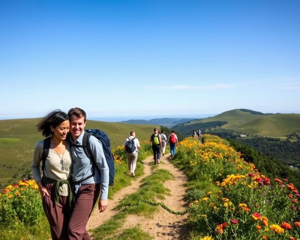 A serene and peaceful scene of a group of diverse pilgrims walking along a scenic path on the Camino Portugués, surrounded by lush green hills and vibrant wildflowers. In the foreground, there are two travelers in modest casual clothing, smiling and helping each other with their backpacks, embodying the spirit of community. The middle ground features additional pilgrims spaced along the winding trail, engaging with the natural landscape and taking in the beauty around them. The background showcases a clear blue sky, with soft, diffused sunlight casting gentle shadows and highlighting the verdant surroundings. The mood is uplifting and respectful, emphasizing sustainability and harmony with nature, reflecting a journey of mindfulness and connection. A serene and peaceful scene of a group of diverse pilgrims walking along a scenic path on the Camino Portugués, surrounded by lush green hills and vibrant wildflowers. In the foreground, there are two travelers in modest casual clothing, smiling and helping each other with their backpacks, embodying the spirit of community. The middle ground features additional pilgrims spaced along the winding trail, engaging with the natural landscape and taking in the beauty around them. The background showcases a clear blue sky, with soft, diffused sunlight casting gentle shadows and highlighting the verdant surroundings. The mood is uplifting and respectful, emphasizing sustainability and harmony with nature, reflecting a journey of mindfulness and connection.