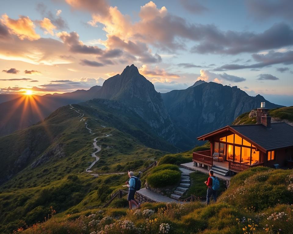A serene landscape of Pico do Arieiro at dusk, showcasing a cozy mountain lodge nestled in the foreground, surrounded by lush vegetation and wildflowers. The lodge's warm lights glow softly, inviting travelers to stay. In the middle ground, winding hiking trails lead up the rugged slopes, with hikers in modest casual clothing carrying backpacks, enjoying the stunning scenery. The background features dramatic peaks of the mountain bathed in a fading golden light as the sun sets, casting a warm hue on the rocky terrain, with a mix of clouds creating a dynamic sky. Capture the peaceful atmosphere, with a focus on nature’s tranquility and hospitality, using soft lighting to enhance the inviting mood. Consider a wide-angle view to emphasize the grandeur of the mountains and the coziness of the lodge. A serene landscape of Pico do Arieiro at dusk, showcasing a cozy mountain lodge nestled in the foreground, surrounded by lush vegetation and wildflowers. The lodge's warm lights glow softly, inviting travelers to stay. In the middle ground, winding hiking trails lead up the rugged slopes, with hikers in modest casual clothing carrying backpacks, enjoying the stunning scenery. The background features dramatic peaks of the mountain bathed in a fading golden light as the sun sets, casting a warm hue on the rocky terrain, with a mix of clouds creating a dynamic sky. Capture the peaceful atmosphere, with a focus on nature’s tranquility and hospitality, using soft lighting to enhance the inviting mood. Consider a wide-angle view to emphasize the grandeur of the mountains and the coziness of the lodge.