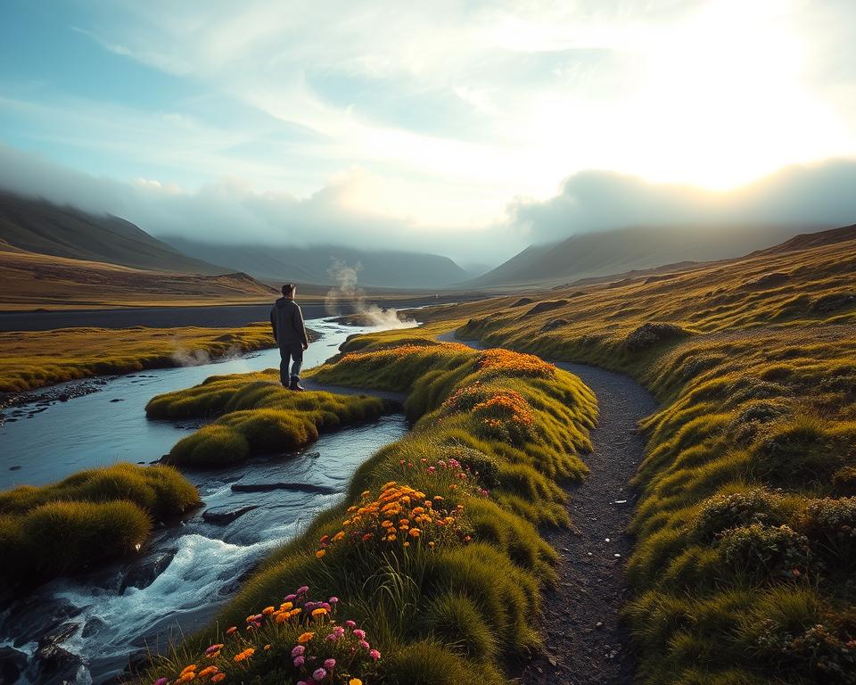 A serene landscape of Reykjadalur Hot Spring Thermal River during the best time of day, showcasing a peaceful hiking trail. In the foreground, lush green grass and colorful wildflowers line the pathway, inviting hikers. A clear, steaming thermal river flows gently, with soft swirls of steam rising in the cool morning light. In the middle ground, a solitary hiker dressed in modest outdoor attire, gazes at the mesmerizing scenery, embodying tranquility away from crowds. The background displays the rich, undulating hills of Iceland, blanketed with wispy clouds and the soft glow of the golden hour sun breaking through. The mood is serene and calm, evoking a sense of exploration and solitude in nature. Capture this scene with a soft focus, wide-angle lens, to emphasize depth and the beauty of the untouched wilderness.