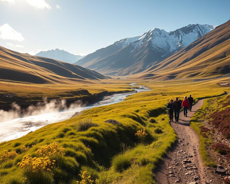 A serene landscape of Reykjadalur with vibrant green hills rolling gently into the distance, dotted with wildflowers in shades of yellow and purple. In the foreground, a narrow path meanders alongside the steaming thermal river, with hints of light mist rising from its warm water. Soft sunlight filters through sparse clouds, casting a warm glow over the scene, enhancing the earthy tones of the landscape. The middle ground features small groups of hikers dressed in modest casual clothing, engaged in respectful exploration, observing the natural beauty around them. In the background, towering mountains loom majestically, their peaks crowned with soft snow, contrasting against the clear blue sky. Emphasize a peaceful and respectful atmosphere, highlighting sustainable practices in nature.