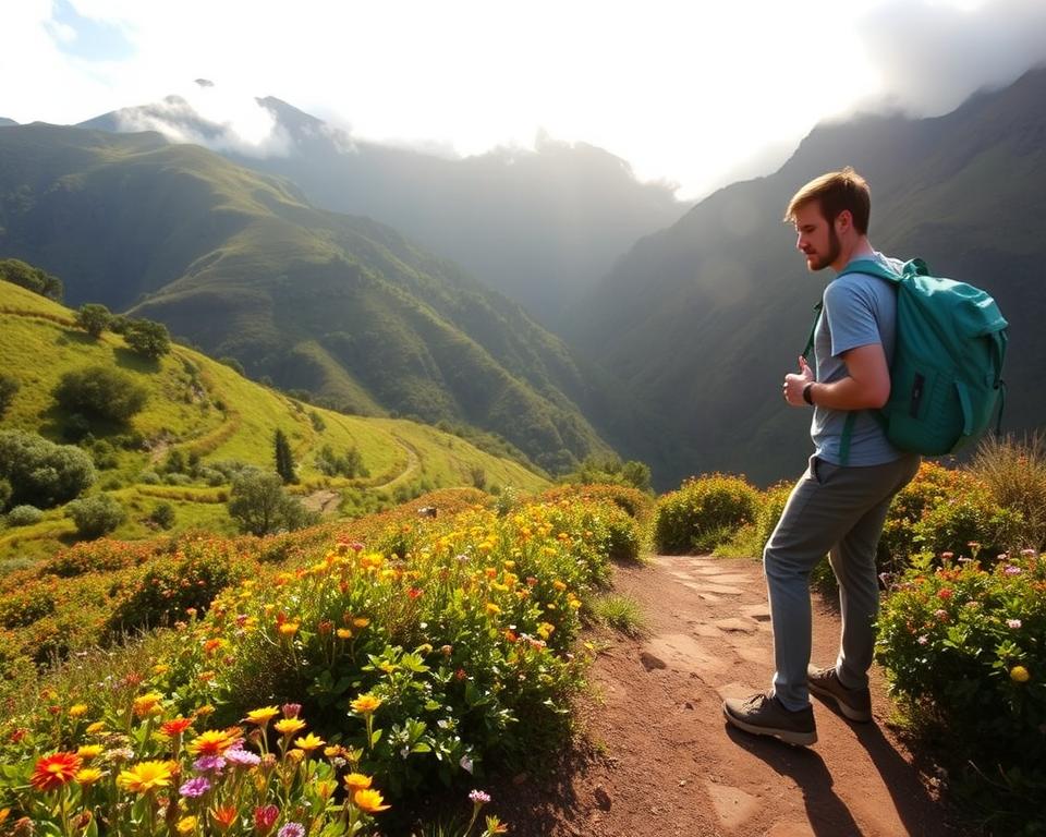 A serene landscape of sustainable hiking in Madeira, focusing on the lush green trails of Pico de Arieiro. In the foreground, a well-marked hiking path bordered by vibrant wildflowers and shrubs, with a hiker in modest casual clothing, thoughtfully engaging with the environment. The middle ground features cascading terraces of rich vegetation and native trees, illustrating eco-friendly practices. In the background, dramatic mountain peaks shrouded in a soft morning mist, with sunlight filtering through the clouds, casting a warm glow over the scene. Capture the mood of tranquility and respect for nature, using a wide-angle lens to highlight the depth of the landscape, with natural lighting enhancing the vivid colors of the flora and the rugged beauty of the mountains. A serene landscape of sustainable hiking in Madeira, focusing on the lush green trails of Pico de Arieiro. In the foreground, a well-marked hiking path bordered by vibrant wildflowers and shrubs, with a hiker in modest casual clothing, thoughtfully engaging with the environment. The middle ground features cascading terraces of rich vegetation and native trees, illustrating eco-friendly practices. In the background, dramatic mountain peaks shrouded in a soft morning mist, with sunlight filtering through the clouds, casting a warm glow over the scene. Capture the mood of tranquility and respect for nature, using a wide-angle lens to highlight the depth of the landscape, with natural lighting enhancing the vivid colors of the flora and the rugged beauty of the mountains.