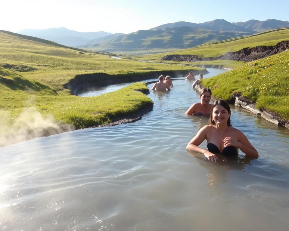 A serene landscape of the Reykjadalur Hot Spring Thermal River, depicting a safe and inviting environment for bathing. In the foreground, gentle steam rises from the warm thermal water, with people in modest casual clothing enjoying the area, smiling and relaxed, maintaining a safe distance from each other. The middle layer features lush, green hills covered with soft grass and scattered wildflowers, while the background reveals rolling mountains under a bright, clear sky, with soft sunlight illuminating the scene. Capture the tranquil mood and beauty of this natural hot spring, emphasizing the harmony between nature and safety. Use bright, vivid colors to enhance the inviting atmosphere, with a slightly elevated angle to show the river winding through the landscape.