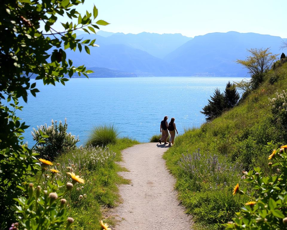 A serene landscape of the Uferweg at Lake Como, showcasing a scenic walking path along the water's edge. In the foreground, lush greenery and wildflowers frame the pathway, inviting exploration. In the middle ground, a gentle incline leads to a smooth, pebbled path, with hikers dressed in comfortable, modest apparel enjoying the beautiful surroundings. The background features the shimmering blue waters of Lake Como, with the majestic mountains rising above it under a clear sky. Soft sunlight bathes the scene, creating a warm, inviting atmosphere. The perspective is slightly elevated, capturing a panoramic view that emphasizes both the tranquility of the lake and the beauty of the hiking route, inspiring a sense of discovery and relaxation. A serene landscape of the Uferweg at Lake Como, showcasing a scenic walking path along the water's edge. In the foreground, lush greenery and wildflowers frame the pathway, inviting exploration. In the middle ground, a gentle incline leads to a smooth, pebbled path, with hikers dressed in comfortable, modest apparel enjoying the beautiful surroundings. The background features the shimmering blue waters of Lake Como, with the majestic mountains rising above it under a clear sky. Soft sunlight bathes the scene, creating a warm, inviting atmosphere. The perspective is slightly elevated, capturing a panoramic view that emphasizes both the tranquility of the lake and the beauty of the hiking route, inspiring a sense of discovery and relaxation.