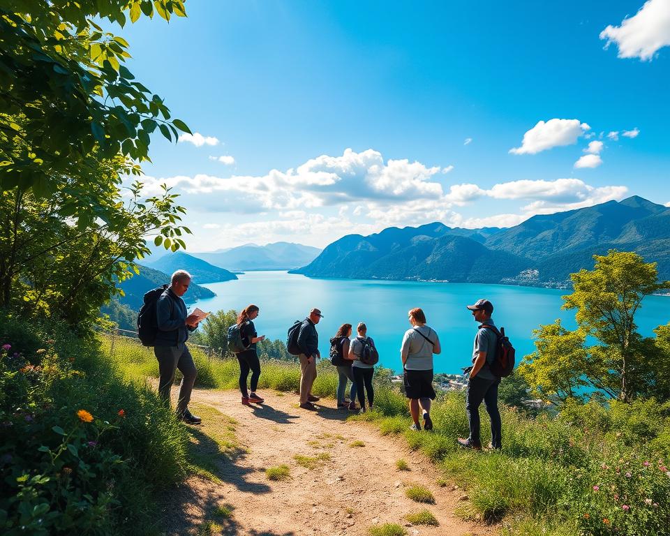 A serene landscape showcasing sustainable hiking at Lake Como. In the foreground, a well-trodden hiking trail surrounded by lush greenery and wildflowers, hinting at eco-friendly walking paths. In the middle ground, a diverse group of hikers dressed in professional casual outdoor clothing, engaging in mindful exploration, studying a map, and enjoying the stunning views. The background features the beautiful, turquoise waters of Lake Como fringed by majestic mountains under a bright blue sky with scattered fluffy clouds. Soft sunlight filters through the leaves, casting gentle shadows, creating a warm and inviting atmosphere that emphasizes harmony with nature. Overall, the image should convey the spirit of sustainable hiking while protecting the natural environment. A serene landscape showcasing sustainable hiking at Lake Como. In the foreground, a well-trodden hiking trail surrounded by lush greenery and wildflowers, hinting at eco-friendly walking paths. In the middle ground, a diverse group of hikers dressed in professional casual outdoor clothing, engaging in mindful exploration, studying a map, and enjoying the stunning views. The background features the beautiful, turquoise waters of Lake Como fringed by majestic mountains under a bright blue sky with scattered fluffy clouds. Soft sunlight filters through the leaves, casting gentle shadows, creating a warm and inviting atmosphere that emphasizes harmony with nature. Overall, the image should convey the spirit of sustainable hiking while protecting the natural environment.