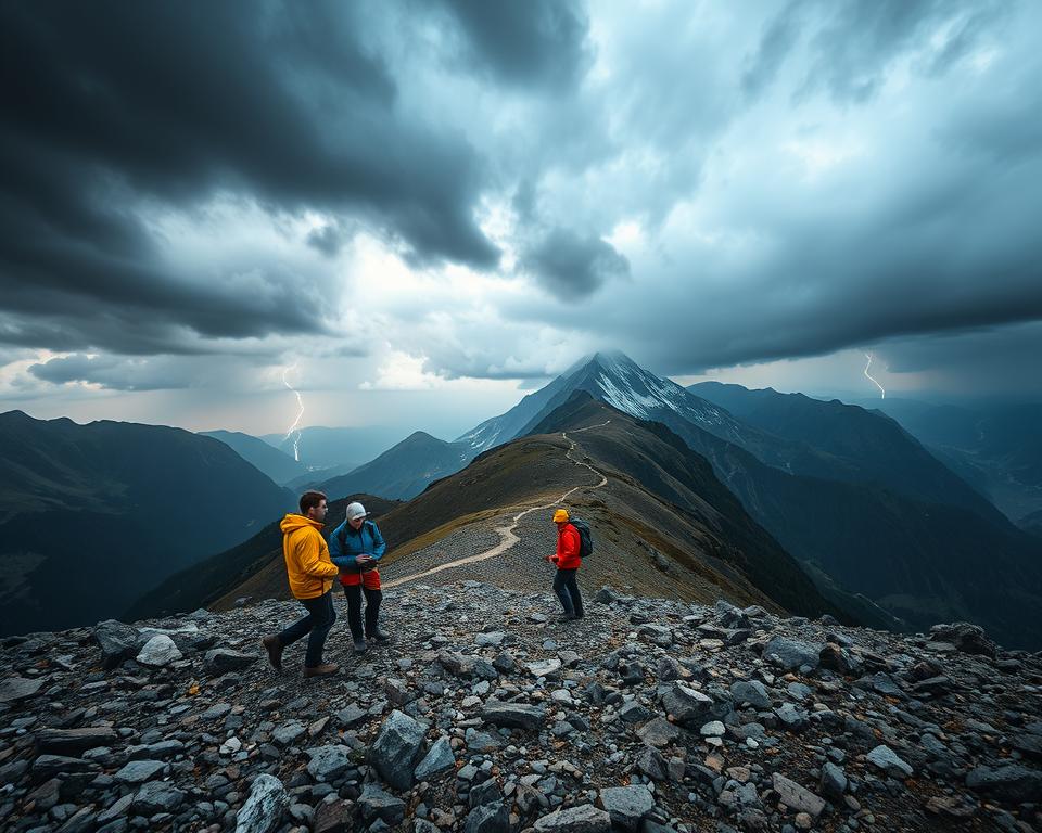 A serene mountain landscape during an impending storm, featuring a rugged rocky terrain in the foreground where a small group of hikers is gathered, dressed in vibrant, weather-resistant jackets, discussing safety measures. The middle ground showcases a winding trail leading to a majestic, snow-capped peak of the Olperer Mountain amidst darkening clouds filled with ominous shades of gray and blue. In the background, distant lightning flashes illuminate the dramatic sky, while the atmosphere feels charged with tension yet awe-inspiring. The scene is captured with a wide-angle lens to emphasize the vastness of the mountains and threatening weather, with soft diffused lighting that highlights the hikers' serious expressions as they prepare for the adventure ahead.