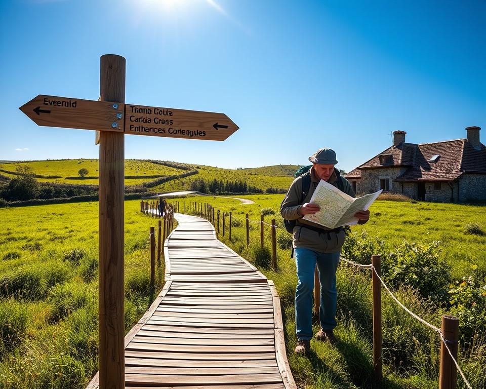 A serene scene depicting a wooden path along the Camino Portugues, winding through lush green fields under a bright blue sky. In the foreground, a wooden signpost indicates directional arrows towards various pilgrimage destinations, symbolizing navigation. In the middle ground, a couple of pilgrims in modest casual clothing, equipped with backpacks, consult a detailed map, radiating a sense of calm and focus. The background features gently rolling hills dotted with wildflowers and rustic stone cottages, bathed in warm afternoon sunlight. The lighting creates a peaceful, inviting atmosphere, perfect for reflecting on safety and navigation during the pilgrimage. Capture this scene from a slightly elevated angle, lending a sense of depth and tranquility, ensuring a harmonious connection to the spirit of the Camino. A serene scene depicting a wooden path along the Camino Portugues, winding through lush green fields under a bright blue sky. In the foreground, a wooden signpost indicates directional arrows towards various pilgrimage destinations, symbolizing navigation. In the middle ground, a couple of pilgrims in modest casual clothing, equipped with backpacks, consult a detailed map, radiating a sense of calm and focus. The background features gently rolling hills dotted with wildflowers and rustic stone cottages, bathed in warm afternoon sunlight. The lighting creates a peaceful, inviting atmosphere, perfect for reflecting on safety and navigation during the pilgrimage. Capture this scene from a slightly elevated angle, lending a sense of depth and tranquility, ensuring a harmonious connection to the spirit of the Camino.