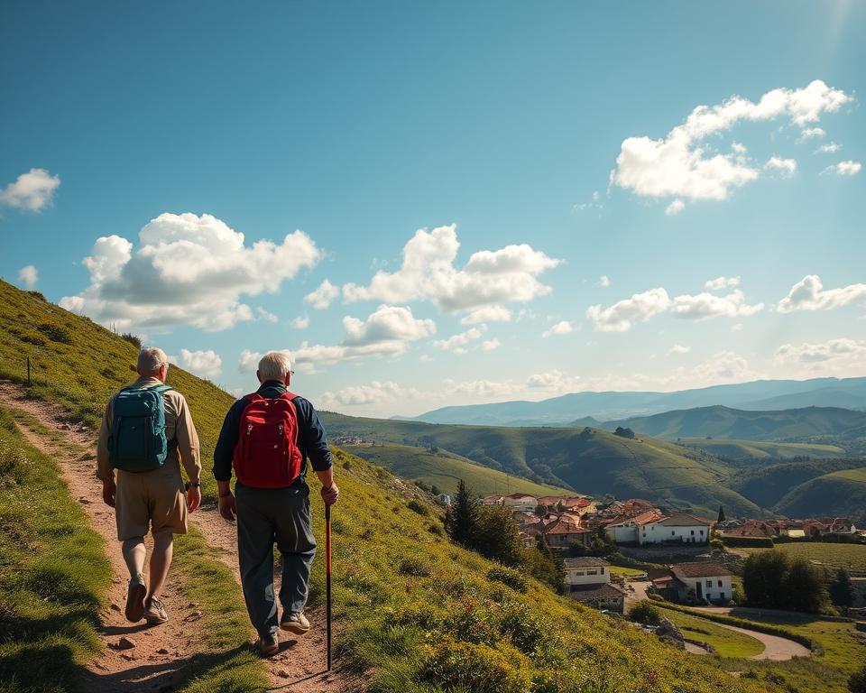 A serene scene depicting the Camino Portugues, focusing on a picturesque hiking trail that winds through lush, green hills. In the foreground, a few pilgrims in modest casual clothing walk alongside each other, carrying traditional backpacks and walking sticks, appearing engaged in conversation. The middle ground features a charming, rustic village with traditional Portuguese architecture, including whitewashed houses with terracotta roofs. The background showcases rolling hills and distant mountains under a bright blue sky dotted with fluffy white clouds. The lighting is warm and inviting, evoking a sense of peace and companionship. Capture this moment from a slightly elevated angle, highlighting the sense of journey and connection along this revered pilgrimage route. A serene scene depicting the Camino Portugues, focusing on a picturesque hiking trail that winds through lush, green hills. In the foreground, a few pilgrims in modest casual clothing walk alongside each other, carrying traditional backpacks and walking sticks, appearing engaged in conversation. The middle ground features a charming, rustic village with traditional Portuguese architecture, including whitewashed houses with terracotta roofs. The background showcases rolling hills and distant mountains under a bright blue sky dotted with fluffy white clouds. The lighting is warm and inviting, evoking a sense of peace and companionship. Capture this moment from a slightly elevated angle, highlighting the sense of journey and connection along this revered pilgrimage route.