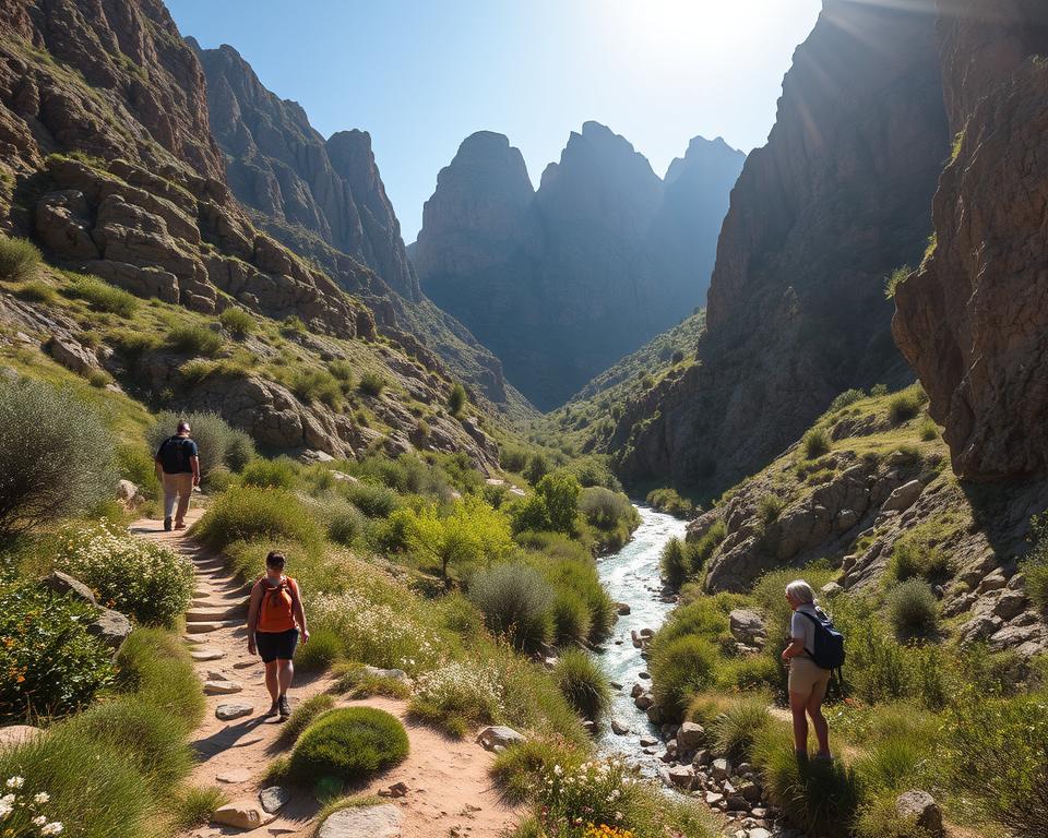 A serene view of Kourtaliotiko Gorge in Crete, showcasing its rich natural beauty. In the foreground, a winding hiking trail with a few hikers dressed in modest casual clothing, respectfully enjoying the landscape. The middle layer features lush greenery, rugged cliffs adorned with wildflowers, and the glistening waters of a stream gently winding through the gorge. The background presents towering rock formations beneath a clear blue sky filtered by soft, warm sunlight, creating a peaceful and inviting atmosphere. The image should have a slight vignette effect to enhance depth, capturing the essence of respectful exploration and environmental consciousness in nature.