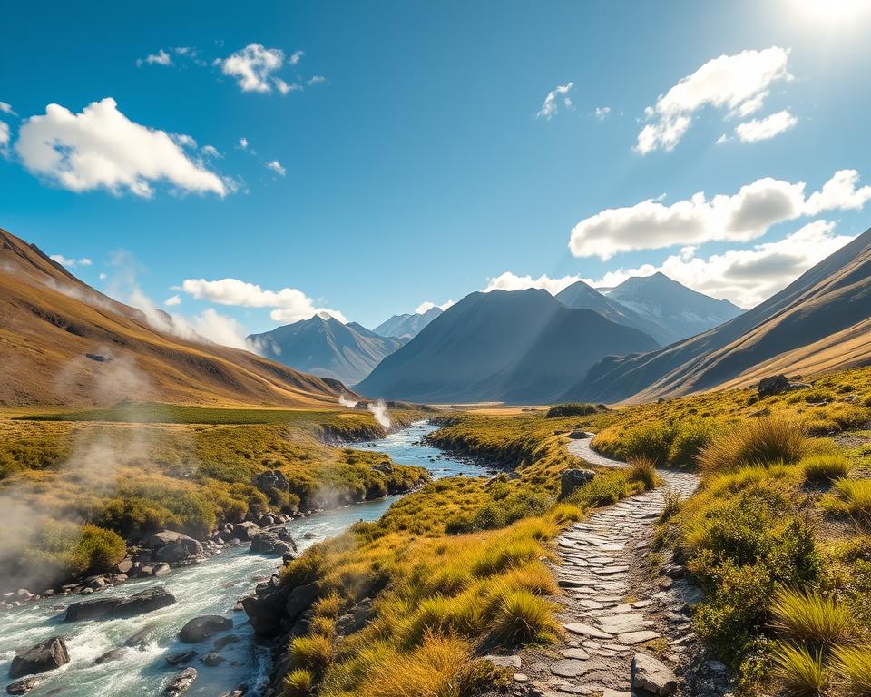 A stunning landscape of Reykjadalur, capturing the serene beauty of the thermal river surrounded by lush green hills and rugged mountains. In the foreground, gentle steam rises from the river’s warm waters, creating an ethereal atmosphere. The middle ground features a winding hiking path, leading towards the thermal river, with boulders and vibrant foliage on either side. In the background, dramatic peaks loom under a bright blue sky, with scattered fluffy clouds casting soft shadows. The scene is bathed in warm sunlight, highlighting the rich textures of the landscape. The angle is slightly elevated, offering a sweeping view of the valley, evoking a sense of adventure and connection with nature. The mood is tranquil and inviting, perfect for inspiring exploration.