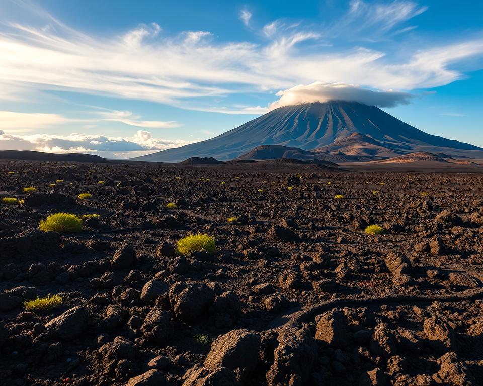 A stunning landscape of the lava fields of Sicily, focusing on the powerful textures of black and reddish volcanic rock in the foreground, contrasted by patches of green vegetation. In the middle ground, emphasize the rugged, hardened lava formations and small craters scattered across the terrain. The background should feature the majestic slopes of Mount Etna, partially shrouded in wispy clouds under a clear blue sky. Capture the golden glow of the late afternoon sun casting dramatic shadows, highlighting the unique geological features. The mood is adventurous and awe-inspiring, inviting viewers to explore the raw beauty of this volcanic region. Use a wide-angle lens perspective to encompass the vastness of the landscape. A stunning landscape of the lava fields of Sicily, focusing on the powerful textures of black and reddish volcanic rock in the foreground, contrasted by patches of green vegetation. In the middle ground, emphasize the rugged, hardened lava formations and small craters scattered across the terrain. The background should feature the majestic slopes of Mount Etna, partially shrouded in wispy clouds under a clear blue sky. Capture the golden glow of the late afternoon sun casting dramatic shadows, highlighting the unique geological features. The mood is adventurous and awe-inspiring, inviting viewers to explore the raw beauty of this volcanic region. Use a wide-angle lens perspective to encompass the vastness of the landscape.