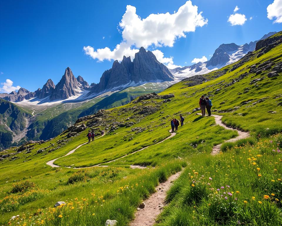 A stunning landscape showcasing the "Wegbeschreibung Olpererhütte." In the foreground, a winding path meanders through lush green fields dotted with colorful wildflowers, inviting hikers along their journey. In the middle ground, a rugged trail ascends through rocky terrain, where small groups of modestly dressed hikers navigate the path, enjoying the breathtaking views. The background features towering, jagged peaks of the Zillertal Alps, with snow-capped summits glistening under a bright blue sky, fluffy white clouds casting soft shadows. The warm sunlight illuminates the scene, creating a vibrant and uplifting atmosphere. Use a wide-angle perspective to capture the vastness of the landscape, enhancing the feeling of adventure and exploration without any text or overlays in the image.