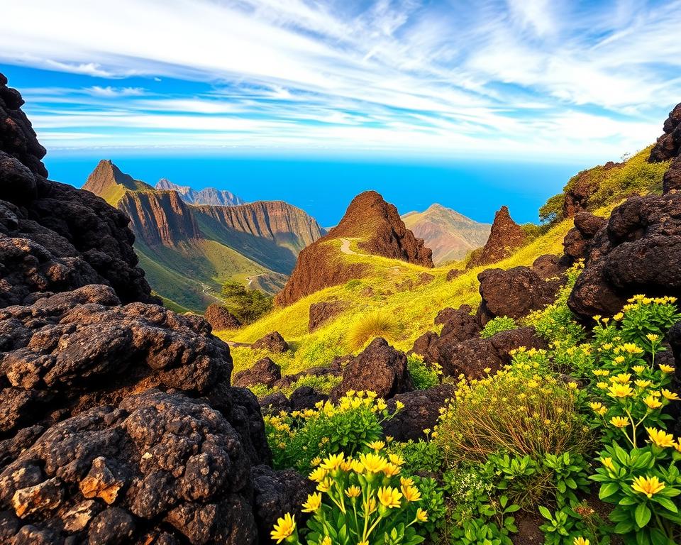 A stunning panoramic view of Madeira's geological landscape, showcasing the unique rock formations and lush vegetation of the Pico de Arieiro. In the foreground, textured volcanic rocks and vibrant green wildflowers create a natural frame. The middle ground features dramatic cliffs and a winding hiking path that leads into the mountains, illustrating the rugged terrain. In the background, a clear blue sky is punctuated by wispy clouds, casting dynamic shadows over the peaks. The lighting is warm and inviting, capturing the golden hour glow, enhancing the earthy tones of the landscape. This serene and majestic scene conveys a sense of adventure and tranquility, perfect for illustrating the beauty of Madeira's nature and geology. A stunning panoramic view of Madeira's geological landscape, showcasing the unique rock formations and lush vegetation of the Pico de Arieiro. In the foreground, textured volcanic rocks and vibrant green wildflowers create a natural frame. The middle ground features dramatic cliffs and a winding hiking path that leads into the mountains, illustrating the rugged terrain. In the background, a clear blue sky is punctuated by wispy clouds, casting dynamic shadows over the peaks. The lighting is warm and inviting, capturing the golden hour glow, enhancing the earthy tones of the landscape. This serene and majestic scene conveys a sense of adventure and tranquility, perfect for illustrating the beauty of Madeira's nature and geology.