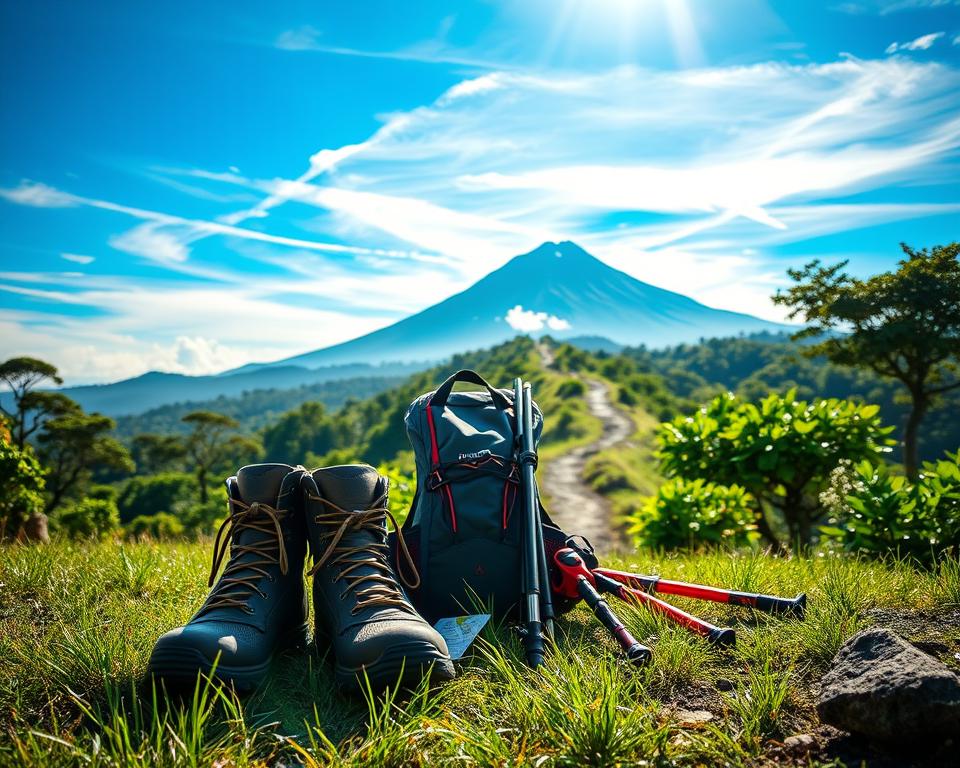 A stunning scene showcasing essential hiking gear for a Mount Agung adventure, set in the foreground. Incorporate items such as sturdy hiking boots, a detailed backpack featuring hydration packs, trekking poles, and a map, meticulously arranged on a grassy area. In the middle ground, depict a beautiful trail leading up the majestic slopes of Mount Agung, surrounded by lush green vegetation and hints of volcanic rock. The background features the imposing silhouette of Mount Agung under a brilliant blue sky with wispy clouds, creating an uplifting atmosphere. Soft, warm lighting captures the essence of an early morning hike, with sunlight gently filtering through the trees, enhancing the sense of adventure and exploration in Bali’s natural beauty.
