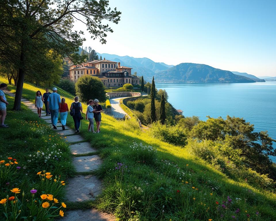 A tranquil scene of Lake Como during the best hiking season, showcasing lush green hills and picturesque trails. In the foreground, a well-marked hiking path winds through vibrant wildflowers and leafy trees. The middle ground features a diverse group of hikers in modest and professional-looking casual attire, enjoying the scenery and taking in the fresh air. In the background, the sparkling blue waters of Lake Como reflect the clear skies and gentle sunlight, with charming Italian villas perched on the hillside. The atmosphere is calm and inviting, capturing the essence of a perfect time for adventure. The lighting is warm and golden, reminiscent of a late afternoon. The angle is slightly elevated, providing a panoramic view of the captivating landscape without any distractions or text. A tranquil scene of Lake Como during the best hiking season, showcasing lush green hills and picturesque trails. In the foreground, a well-marked hiking path winds through vibrant wildflowers and leafy trees. The middle ground features a diverse group of hikers in modest and professional-looking casual attire, enjoying the scenery and taking in the fresh air. In the background, the sparkling blue waters of Lake Como reflect the clear skies and gentle sunlight, with charming Italian villas perched on the hillside. The atmosphere is calm and inviting, capturing the essence of a perfect time for adventure. The lighting is warm and golden, reminiscent of a late afternoon. The angle is slightly elevated, providing a panoramic view of the captivating landscape without any distractions or text.