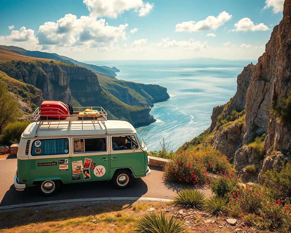 A vintage Volkswagen Kombi van parked along a scenic coastal road in Crete, surrounded by lush greenery and rocky cliffs. In the foreground, the van is adorned with travel stickers and colorful accessories, evoking a sense of adventure. The middle ground features a breathtaking view of Kourtaliotiko Gorge, with its steep, rugged walls and vibrant wildflowers dotting the landscape. In the background, the glistening blue sea contrasts against the dramatic cliffs and a sunny sky with soft, fluffy clouds. The scene captures a warm, inviting atmosphere with golden afternoon sunlight casting long shadows. Use a wide-angle lens to create a sense of depth and enhance the idyllic setting, focusing on the harmonious blend of nature and the spirit of exploration.