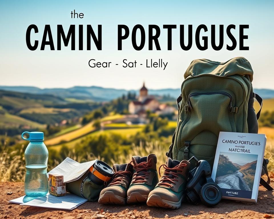 A well-organized gear list for hiking the Camino Portugues, prominently displayed in the foreground featuring a neatly arranged assortment of essential items like a lightweight backpack, water bottle, map, hiking boots, and a nature guidebook. In the middle ground, showcase a serene landscape of the Camino trail, with gently rolling hills and vibrant greenery, under a clear blue sky. In the background, depict a distant view of charming Portuguese towns and rustic stone churches, inviting adventure and exploration. Use warm, soft lighting to create a welcoming atmosphere, capturing the spirit of pilgrimage. The composition should reflect a sense of preparation and anticipation, emphasizing safety and comfort for travelers. A well-organized gear list for hiking the Camino Portugues, prominently displayed in the foreground featuring a neatly arranged assortment of essential items like a lightweight backpack, water bottle, map, hiking boots, and a nature guidebook. In the middle ground, showcase a serene landscape of the Camino trail, with gently rolling hills and vibrant greenery, under a clear blue sky. In the background, depict a distant view of charming Portuguese towns and rustic stone churches, inviting adventure and exploration. Use warm, soft lighting to create a welcoming atmosphere, capturing the spirit of pilgrimage. The composition should reflect a sense of preparation and anticipation, emphasizing safety and comfort for travelers.