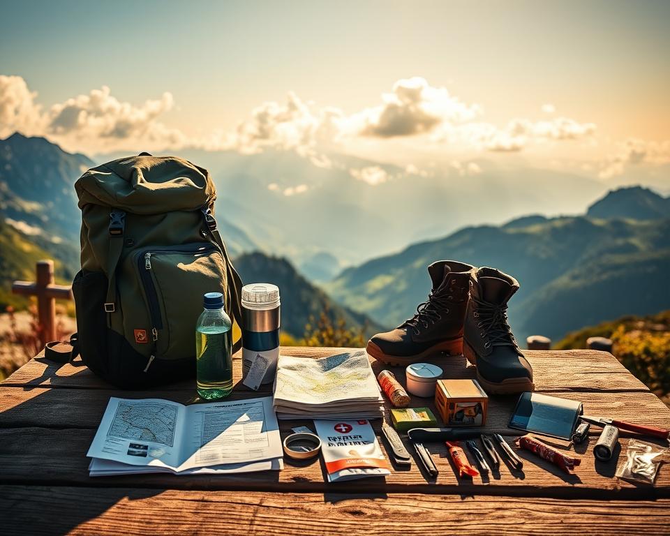 A well-organized packlist for a mountain hike displayed on a rustic wooden picnic table in the foreground, featuring items like a sturdy backpack, hiking boots, a water bottle, a map, a first-aid kit, energy bars, and a multifunctional tool. The middle ground shows a panoramic view of the stunning Tyrolean Alps, with lush greenery and rocky peaks bathed in warm, golden sunlight. In the background, fluffy clouds float in a clear blue sky, lending a serene atmosphere to the scene. The lighting is bright and inviting, capturing the essence of adventure and readiness for exploration. The composition should convey a sense of tranquility and preparedness, perfect for inspiring hikers to embark on their journey.