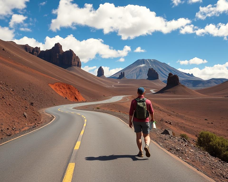 A winding road leading through the picturesque Teide National Park in Tenerife, with dramatic volcanic landscapes showcasing rich reds, browns, and greens. In the foreground, a pair of hikers in modest casual clothing are preparing for their adventure, holding maps and water bottles. The middle ground features towering rock formations and the iconic Mount Teide in the distance, bathed in soft morning light. The bright blue sky is dotted with fluffy white clouds, creating a serene atmosphere. The image captures a sense of anticipation and excitement, inviting viewers to embark on a memorable journey to the start point of the hike. The composition is framed using a wide-angle lens to emphasize the expansive beauty of the park.