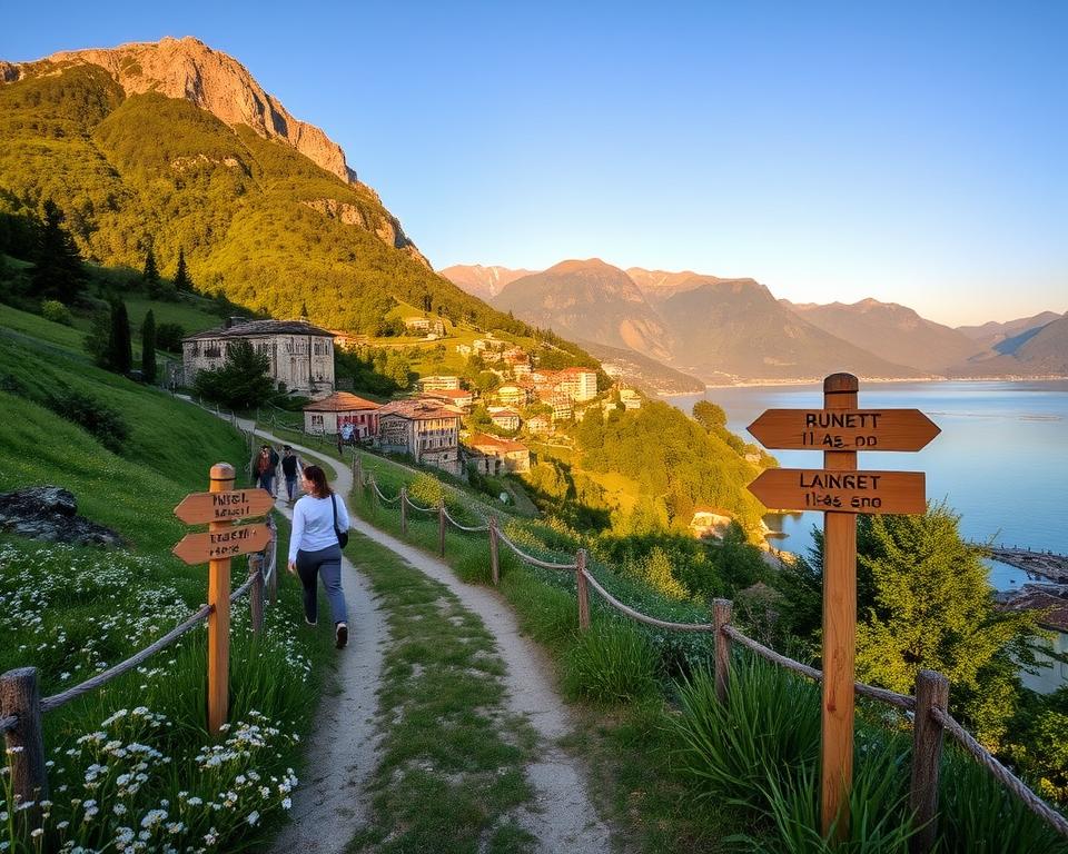 Lush landscapes surrounding Lake Como, showcasing a vibrant hiking trail with well-marked route signs. In the foreground, a well-paved path lined with wildflowers leading towards the serene water, populated with a few hikers dressed in modest casual attire. The middle ground features charming villages with rustic stone buildings, nestled among verdant hills. In the background, dramatic mountains rise against a clear blue sky. Warm, golden-hour lighting creates a peaceful and inviting atmosphere, with soft shadows adding depth. The scene captures a sense of adventure and tranquility, perfect for illustrating travel and mobility around the area. Use a wide-angle lens to encompass the expansive beauty of the landscape, ensuring a balanced composition. Lush landscapes surrounding Lake Como, showcasing a vibrant hiking trail with well-marked route signs. In the foreground, a well-paved path lined with wildflowers leading towards the serene water, populated with a few hikers dressed in modest casual attire. The middle ground features charming villages with rustic stone buildings, nestled among verdant hills. In the background, dramatic mountains rise against a clear blue sky. Warm, golden-hour lighting creates a peaceful and inviting atmosphere, with soft shadows adding depth. The scene captures a sense of adventure and tranquility, perfect for illustrating travel and mobility around the area. Use a wide-angle lens to encompass the expansive beauty of the landscape, ensuring a balanced composition.
