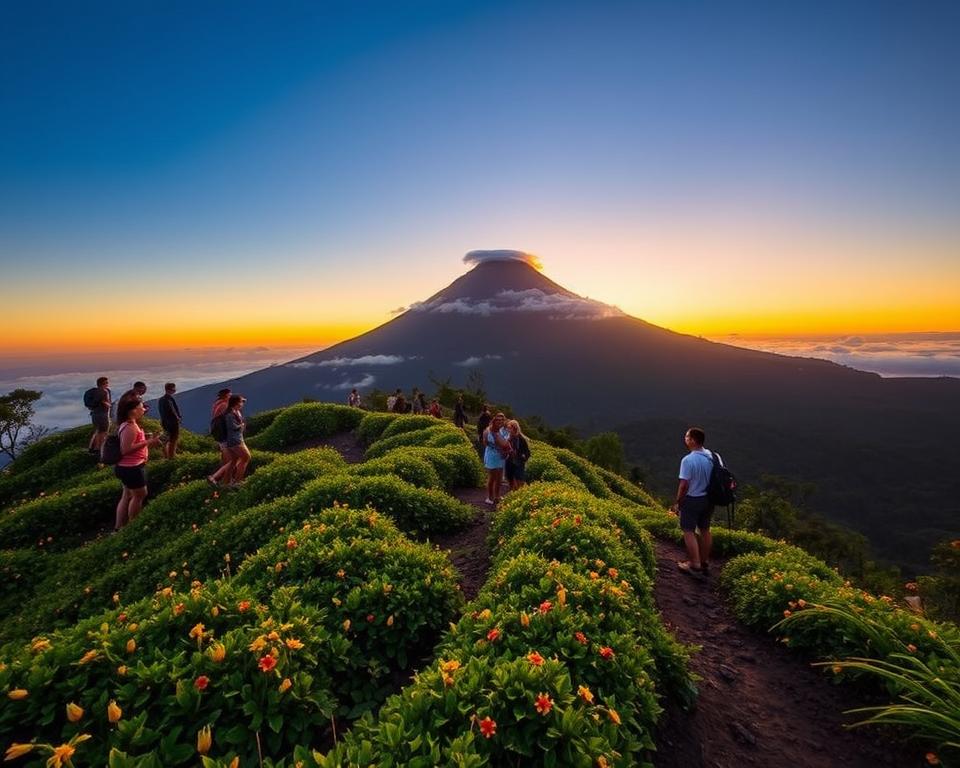 Mount Agung in Bali, bathed in the golden glow of a sunrise. In the foreground, a winding hiking trail leads through lush green vegetation, speckled with vibrant wildflowers, hinting at the rich biodiversity of the region. The middle ground features a group of adventurers in modest hiking attire, engaging in conversations while taking in the breathtaking views. In the background, the majestic silhouette of Mount Agung towers above, its peak partially shrouded in soft mist and clouds. The sky transitions from deep blue to warm orange hues, evoking a sense of tranquility and adventure. The scene is illuminated with soft, natural morning light, captured from a low angle to emphasize the grandeur of the mountain. The overall atmosphere conveys a sense of excitement and serenity, ideal for those seeking the best time to hike this iconic destination.